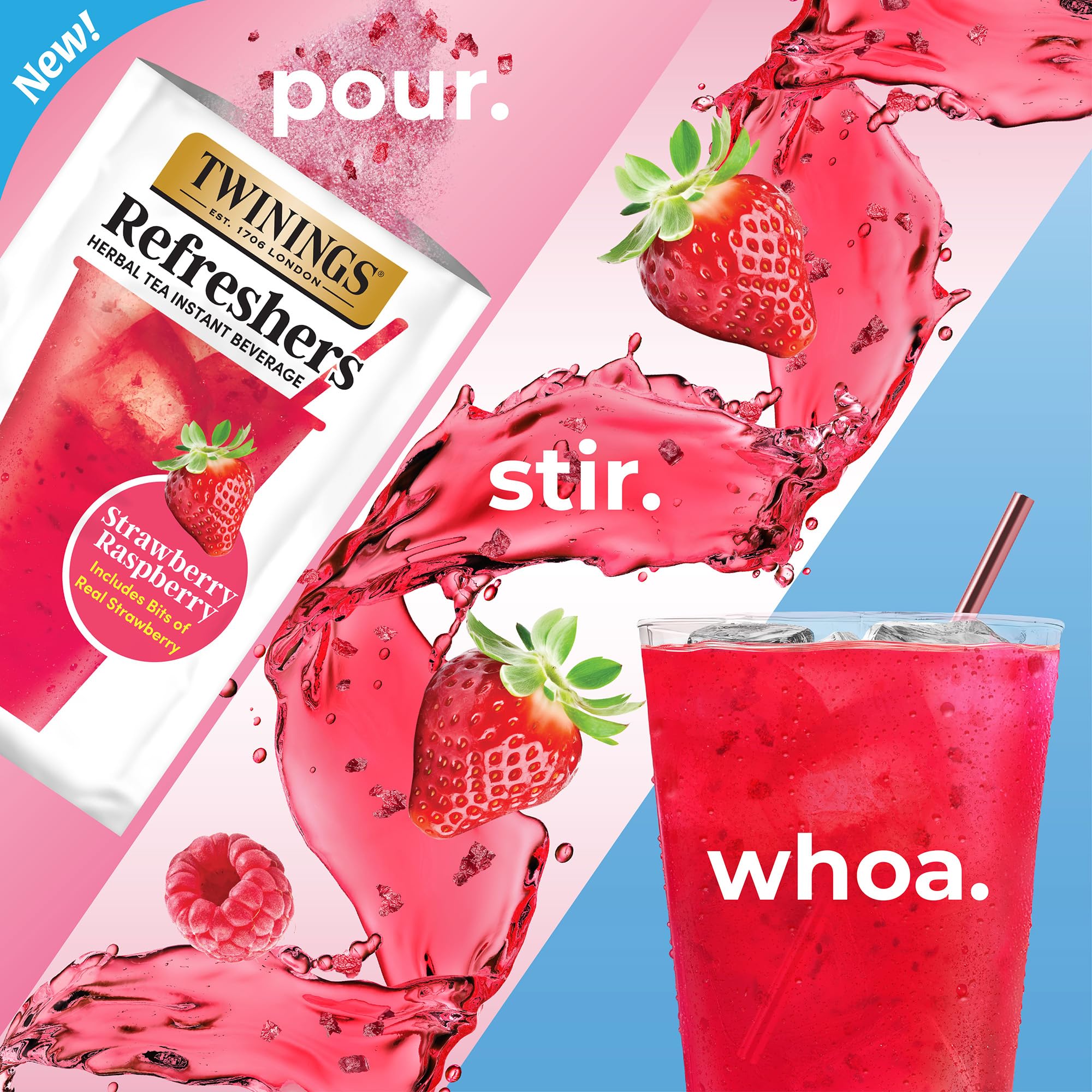 NEW Twinings Strawberry Raspberry Refreshers, Herbal Tea Instant Beverage with Real Strawberry Fruit Bits, 5 Count (Pack of 1), Café Style, No