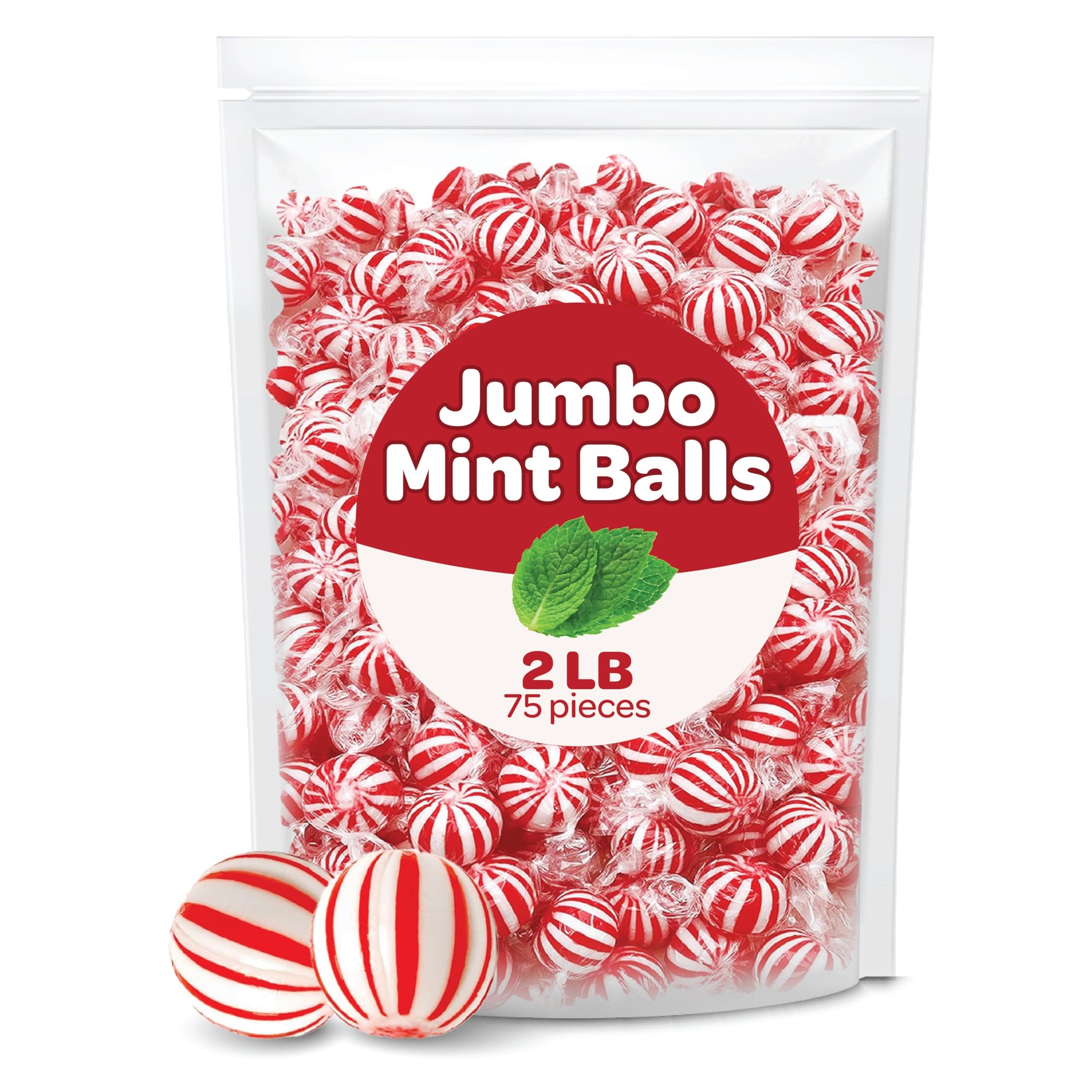 Jumbo Mint Balls - 2 Pound Bulk Pack - Peppermint Candy Individually Wrapped - Classic Peppermint Hard Candy for Jars, Office Bowls, and Party Favors