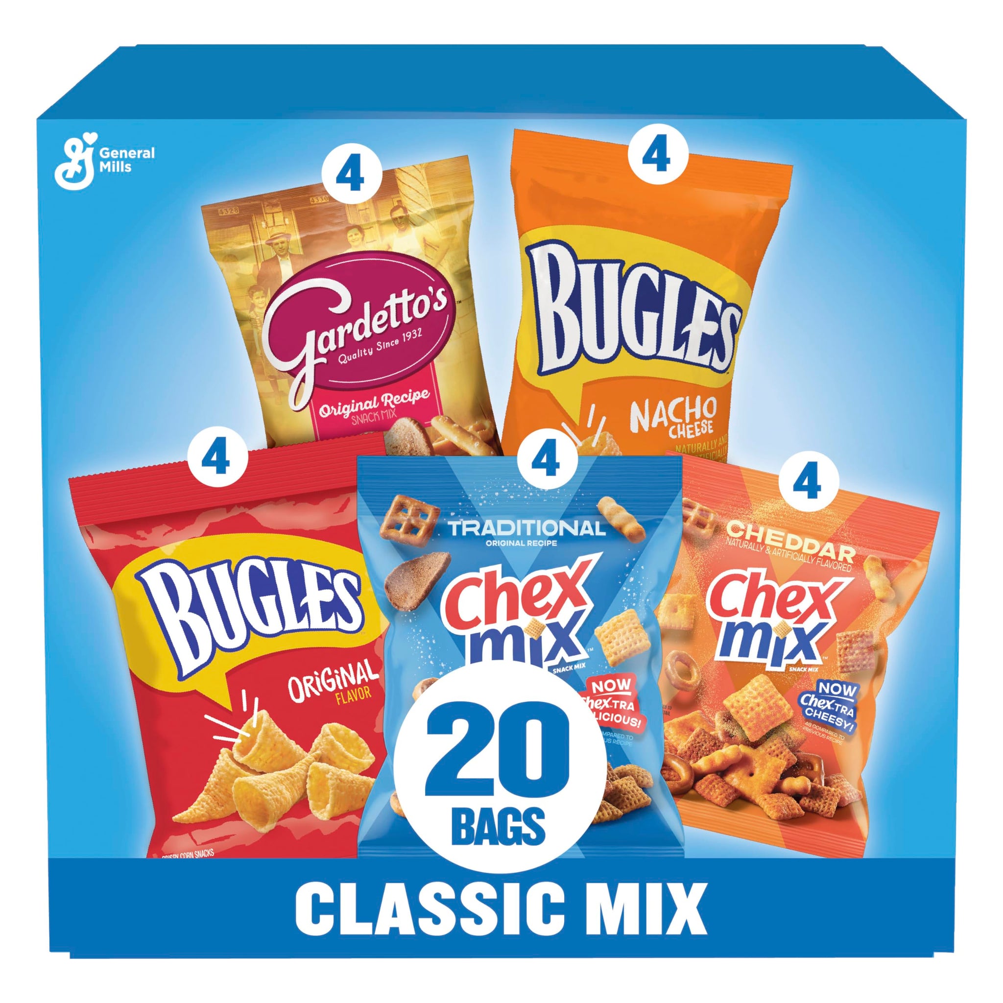 Classic Mix Snack Variety Pack, Bugles Original and Nacho Cheese, Gardetto's Original Recipe, Chex Mix Traditional and Cheddar, 20 Ct, 28 oz