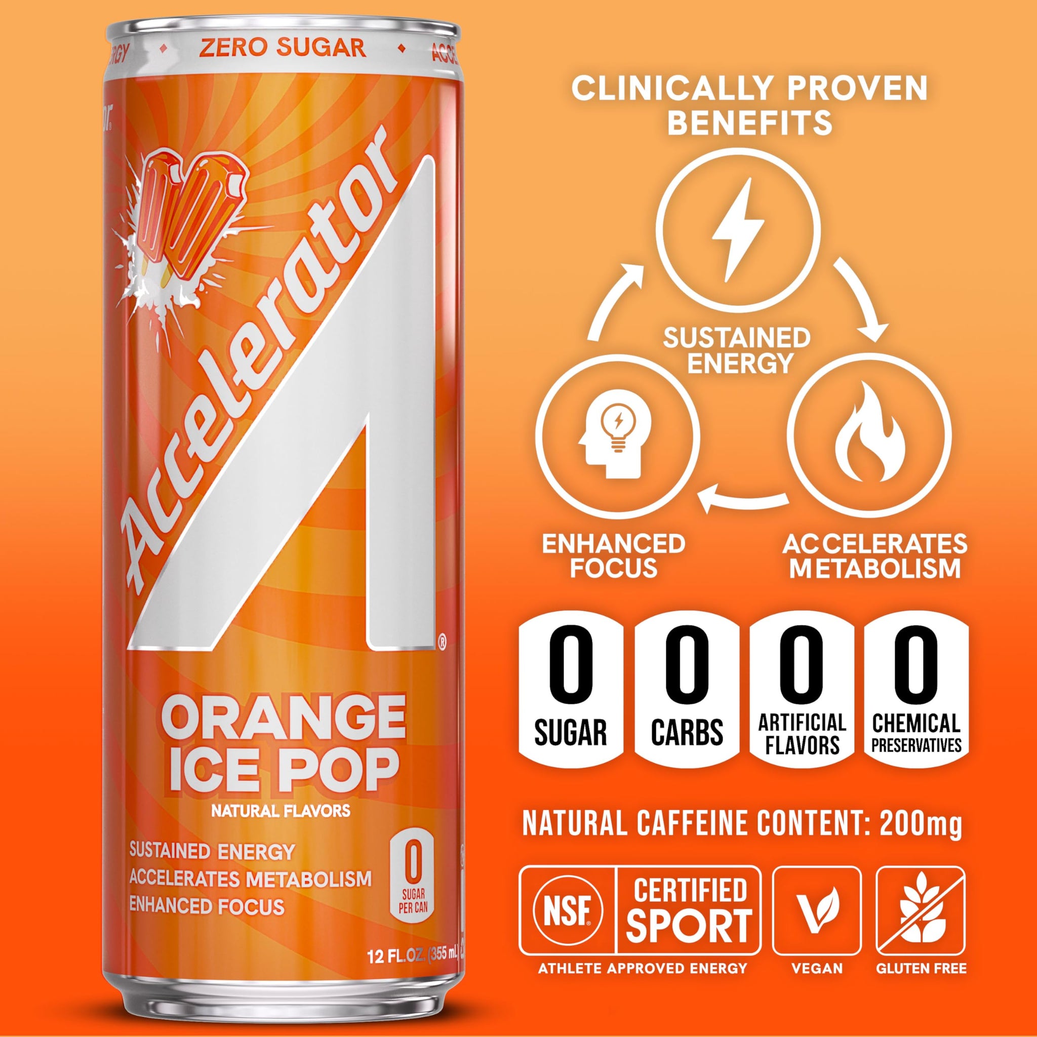 Accelerator Energy Drink, Orange Ice Pop 12oz can (12 pack), Zero Sugar, Sustained Energy from 100% Natural Caffeine (200mg from Green Coffee Bean