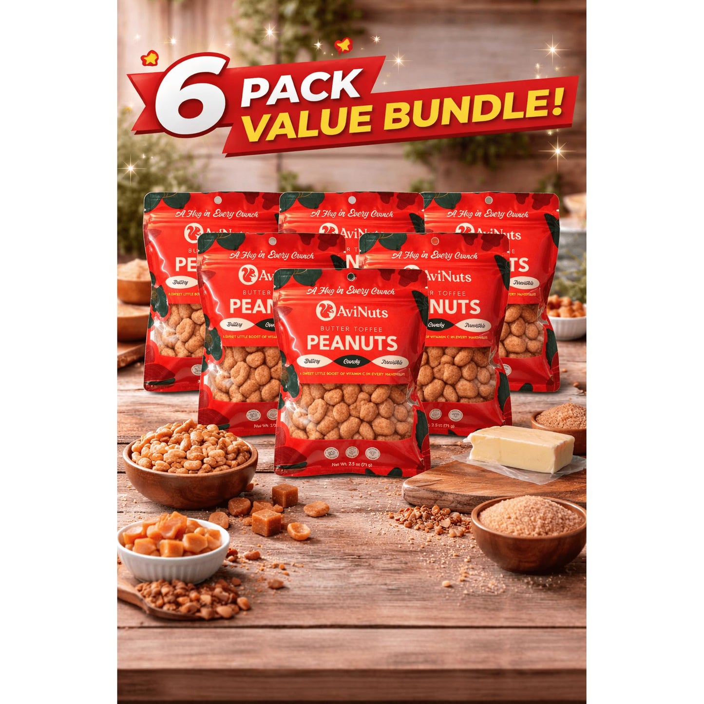 AviNuts Butter Toffee Peanuts, Sweet & Salty Toffee Coated Whole Peanuts, Single Serve Snack Bags, 2.5 oz (Pack of 6)