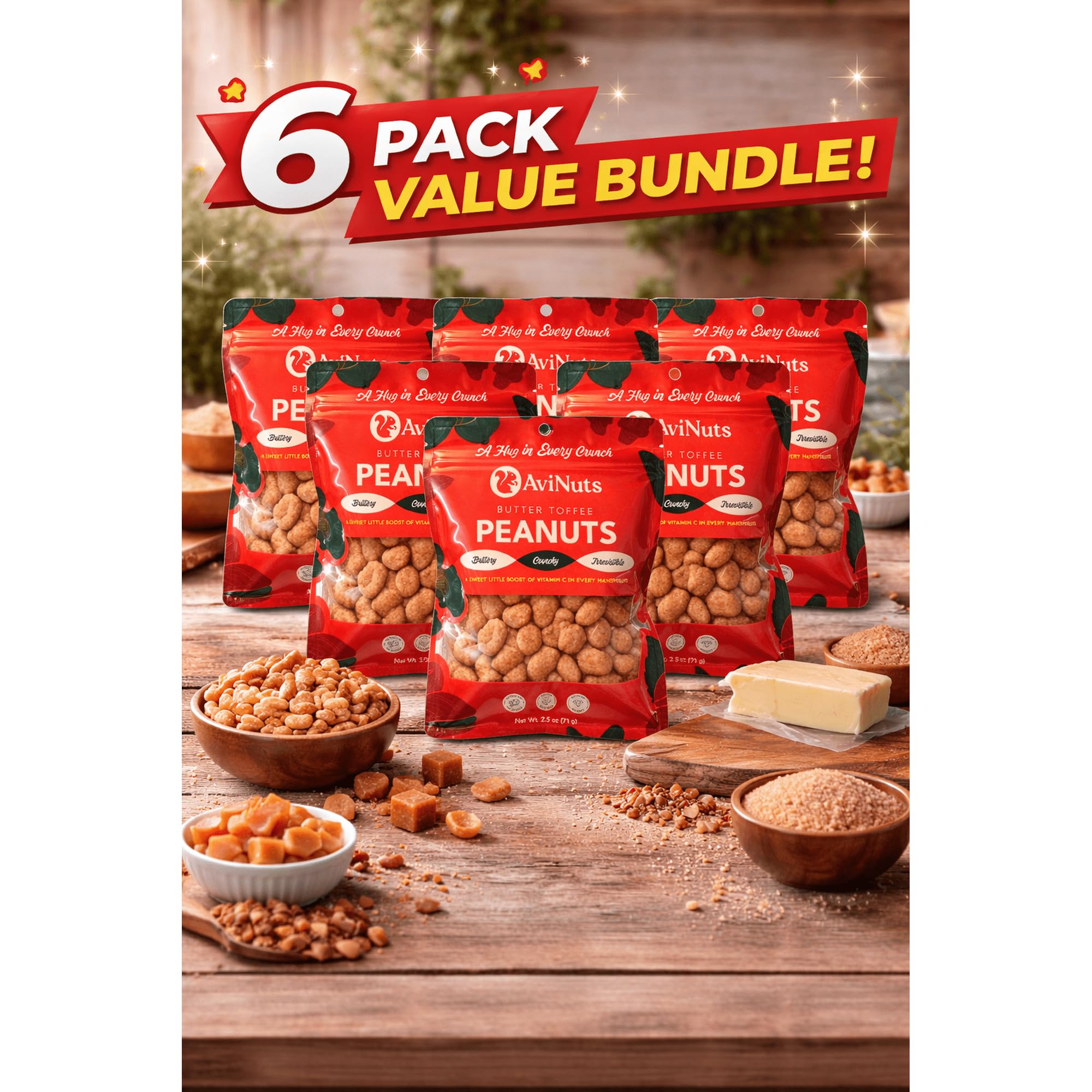 AviNuts Butter Toffee Peanuts, Sweet & Salty Toffee Coated Whole Peanuts, Single Serve Snack Bags, 2.5 oz (Pack of 6)