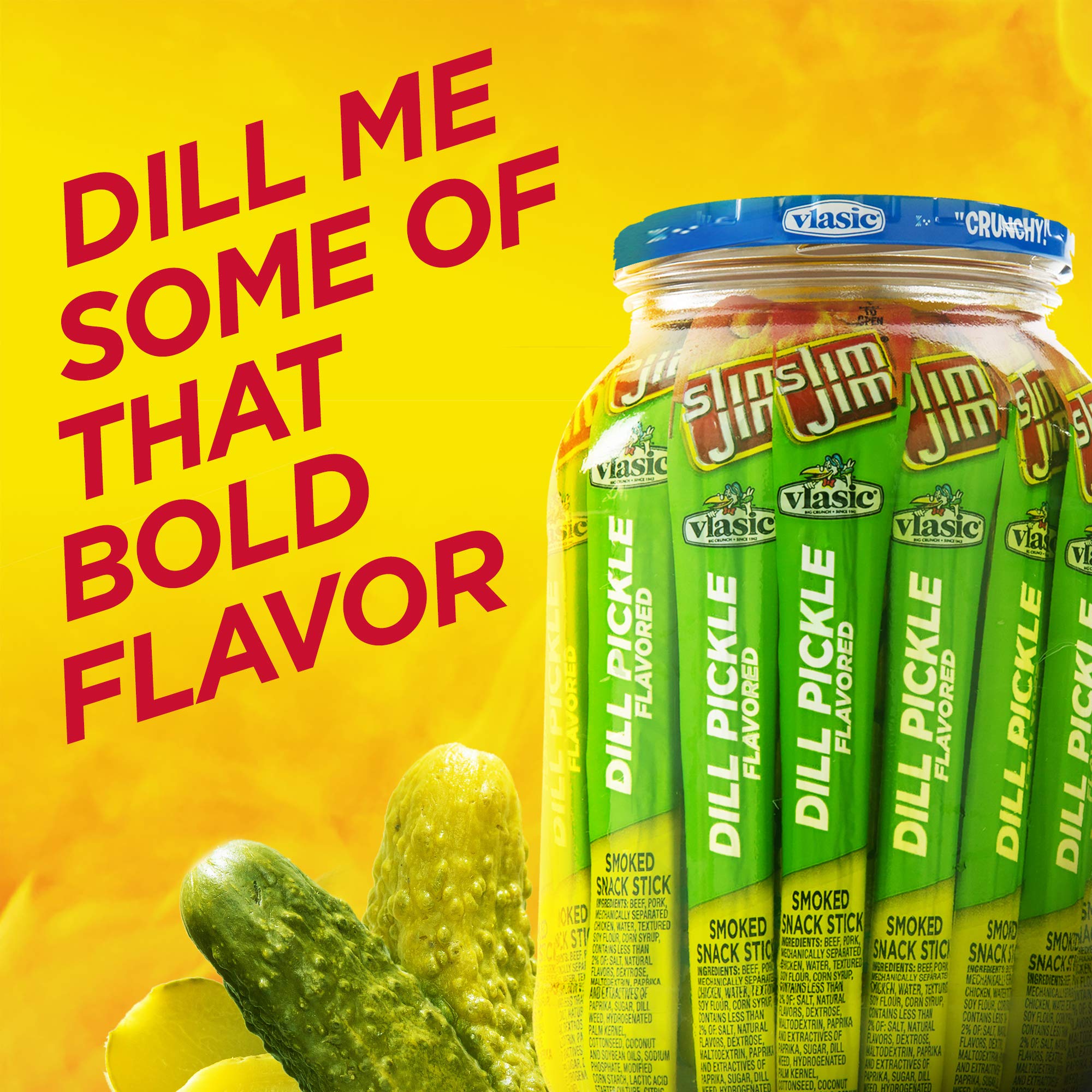 Slim Jim Giant Smoked Meat Sticks, Vlasic Dill Pickle Flavor, 6g Protein Per Stick, 0.97 oz. (24 Count)