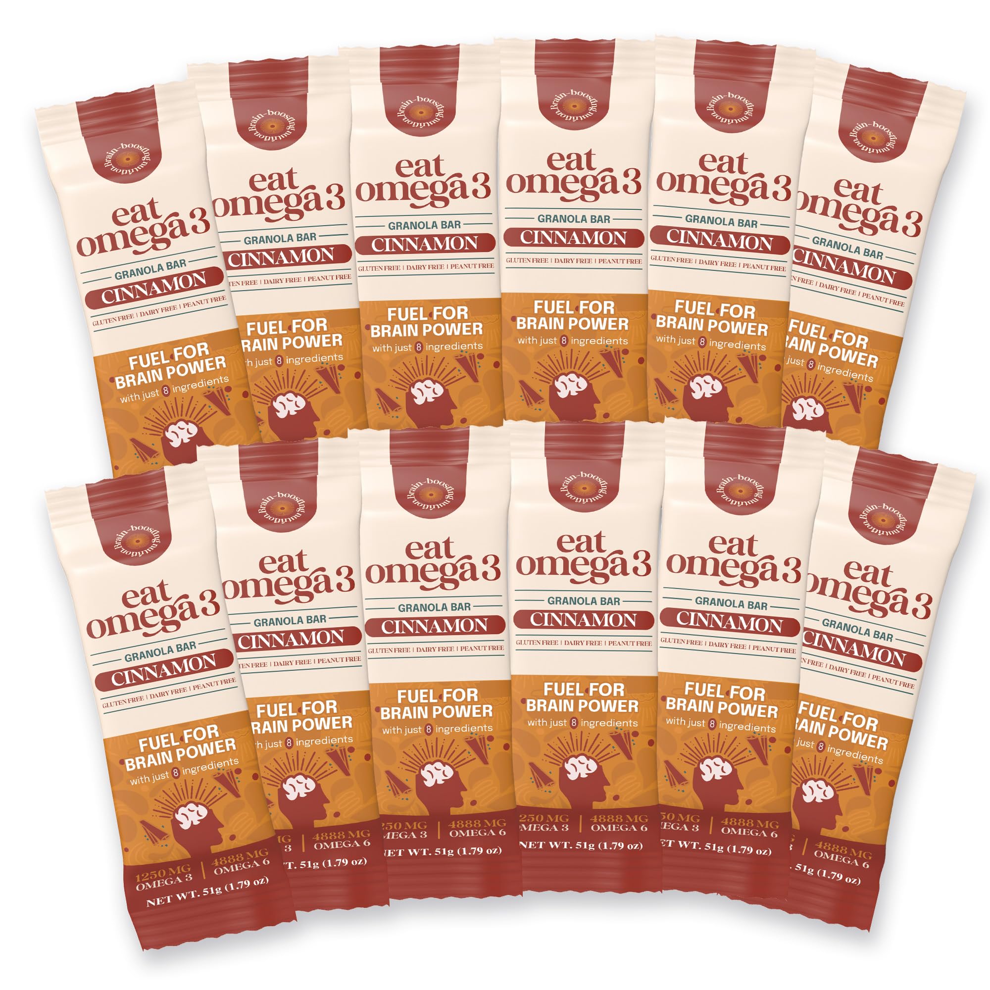 Eat Omega 3 Cinnamon Granola Bar - Gluten-Free, Dairy-Free, Plant-Based Protein Snack with Omega-3 & Omega-6, Low Sugar, Non-GMO - 1.79oz, 12 Count