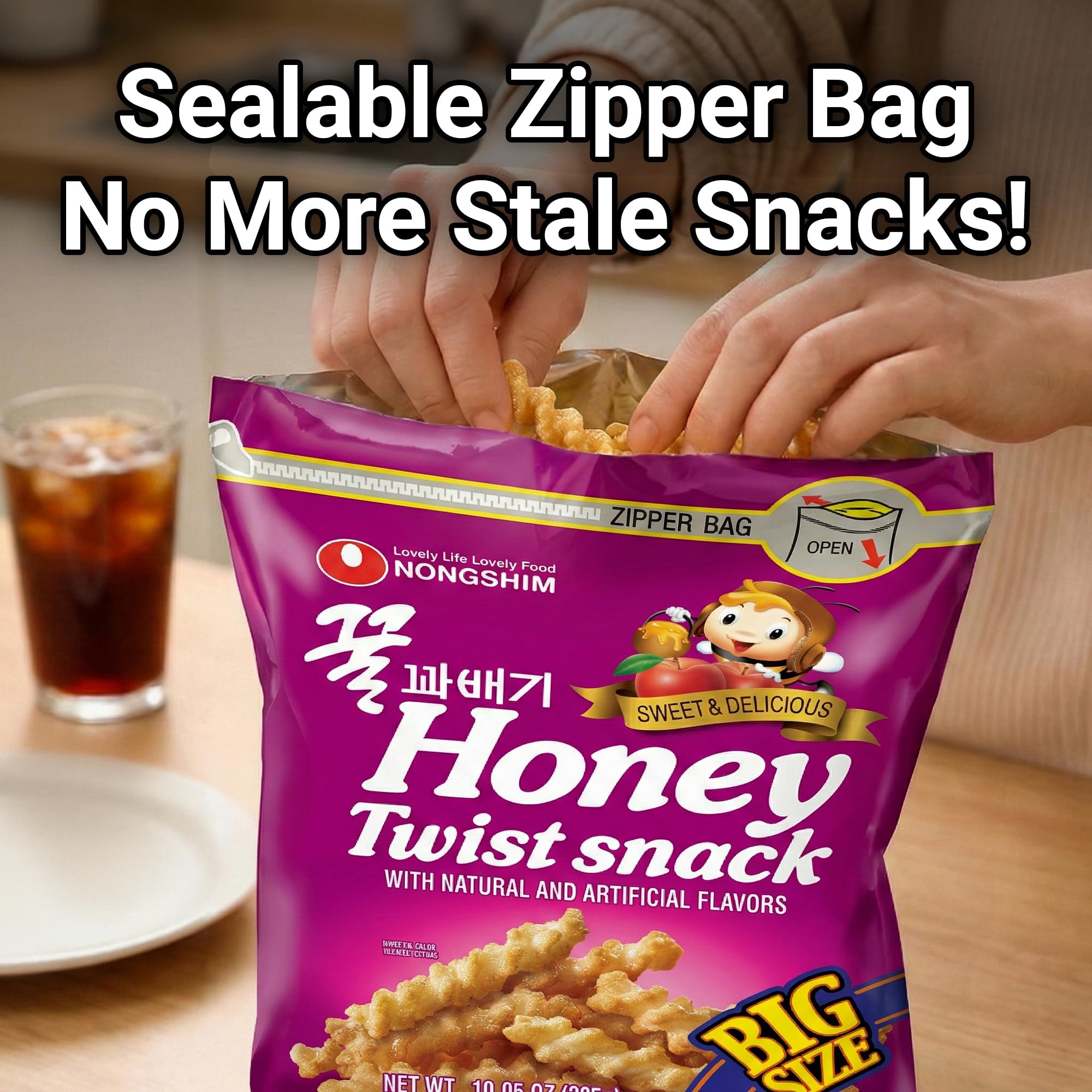 Nongshim Honey Twist Snack, Sweet Crispy Korean Snack, Acacia Honey, Twisted Crinkle Shape, Crunchy Kids Snacks, Big Size Resealable Bag, 10.05 oz (1