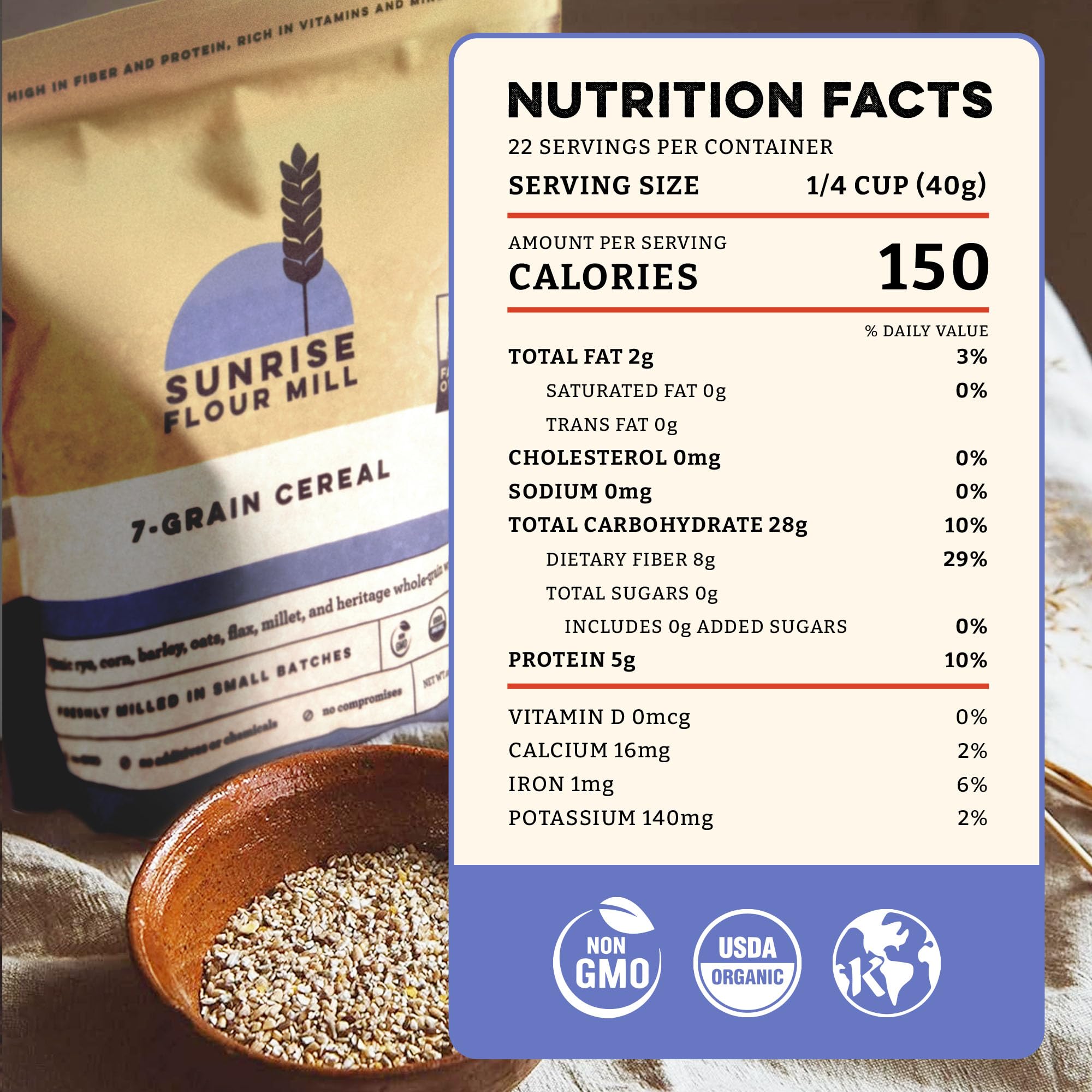Sunrise Flour Mill USDA Organic Heritage 7-Grain Hot Cereal Mix - 32 oz | Great Source of Fiber and Nutrients | Sugar Free with No Additives | 5 Grams