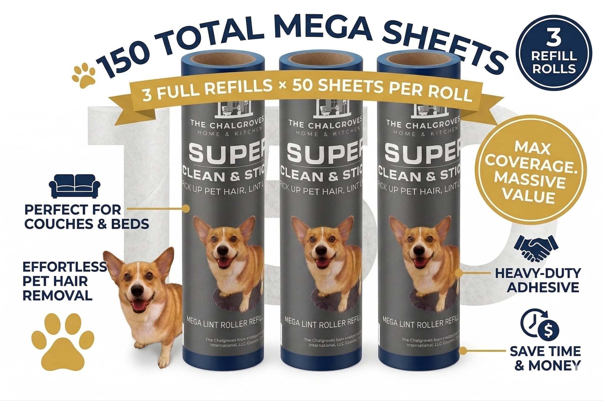 The Chalgroves 10 Inch Mega Lint Roller Refills (3 Pack, 150 Sheets) - Extra Sticky Pet Hair Remover, Compatible with Evercare, Layers & Smart Design