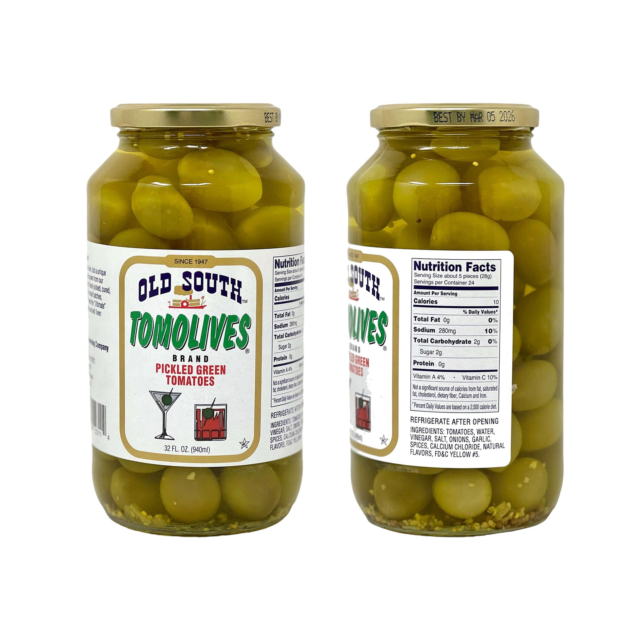 Old South Tomolives (2 Pack, 32 fl oz each) bundled with complementary 4-count Coasters | Ultimate Martini Garnish | Great Cocktail Snack
