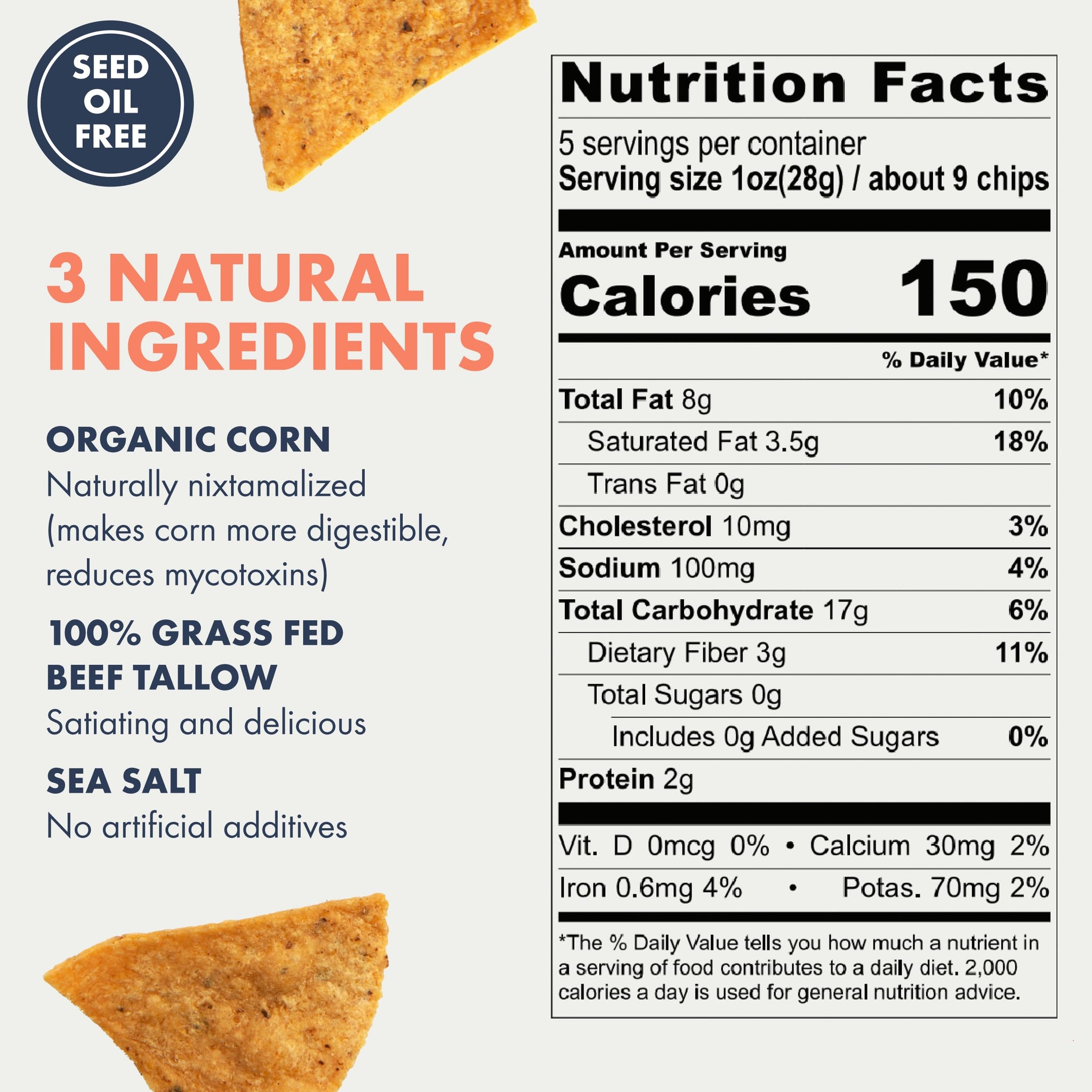 MASA Chips Corn Tortilla Chips Cooked in Beef Tallow - Seed Oil Free Snack, 2pk×5 oz each- Handmade with Only Naturally Grown Corn & Sea Salt, Gluten