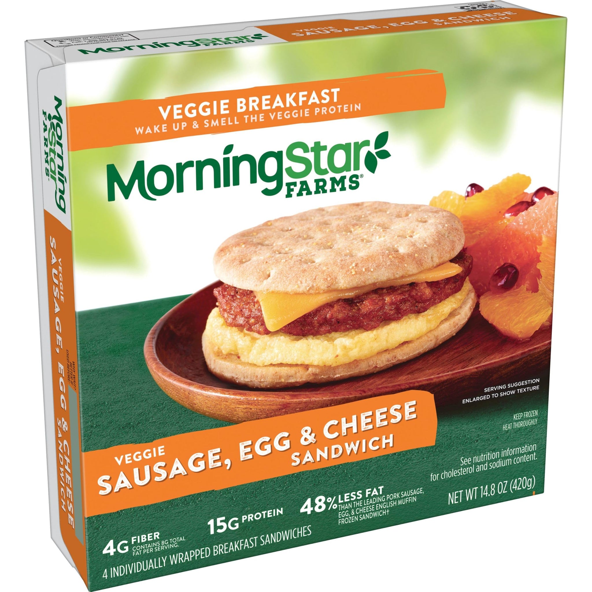 MorningStar Farms Veggie Breakfast Sandwich, Plant Based, Frozen Breakfast, Meatless Sausage Egg and Cheese, 14.8oz Box (4 Patties)