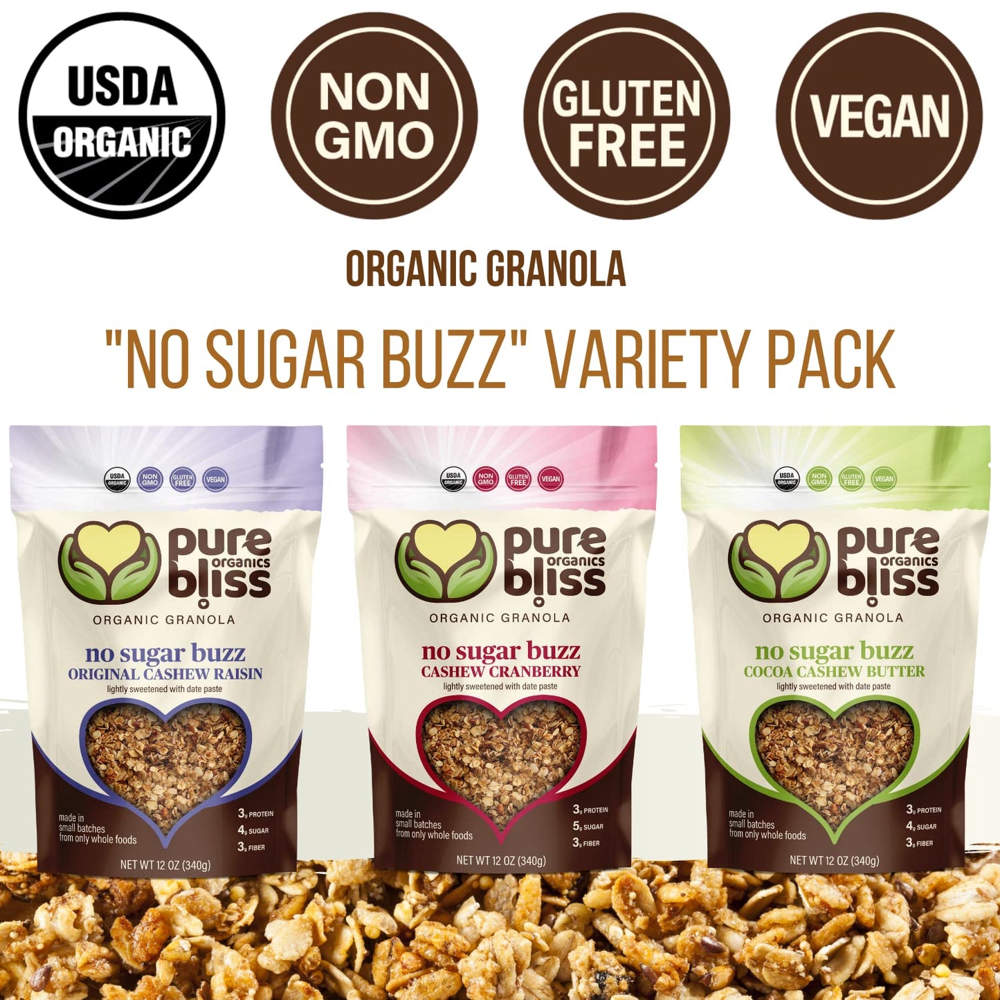 Pure Bliss Organics NO SUGAR BUZZ GRANOLA VARIETY PACK, 3-12oz bags, one each Cashew Raisin Granola, Cashew Cranberry , Cocoa Cashew Butter