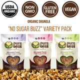 Pure Bliss Organics NO SUGAR BUZZ GRANOLA VARIETY PACK, 3-12oz bags, one each Cashew Raisin Granola, Cashew Cranberry , Cocoa Cashew Butter