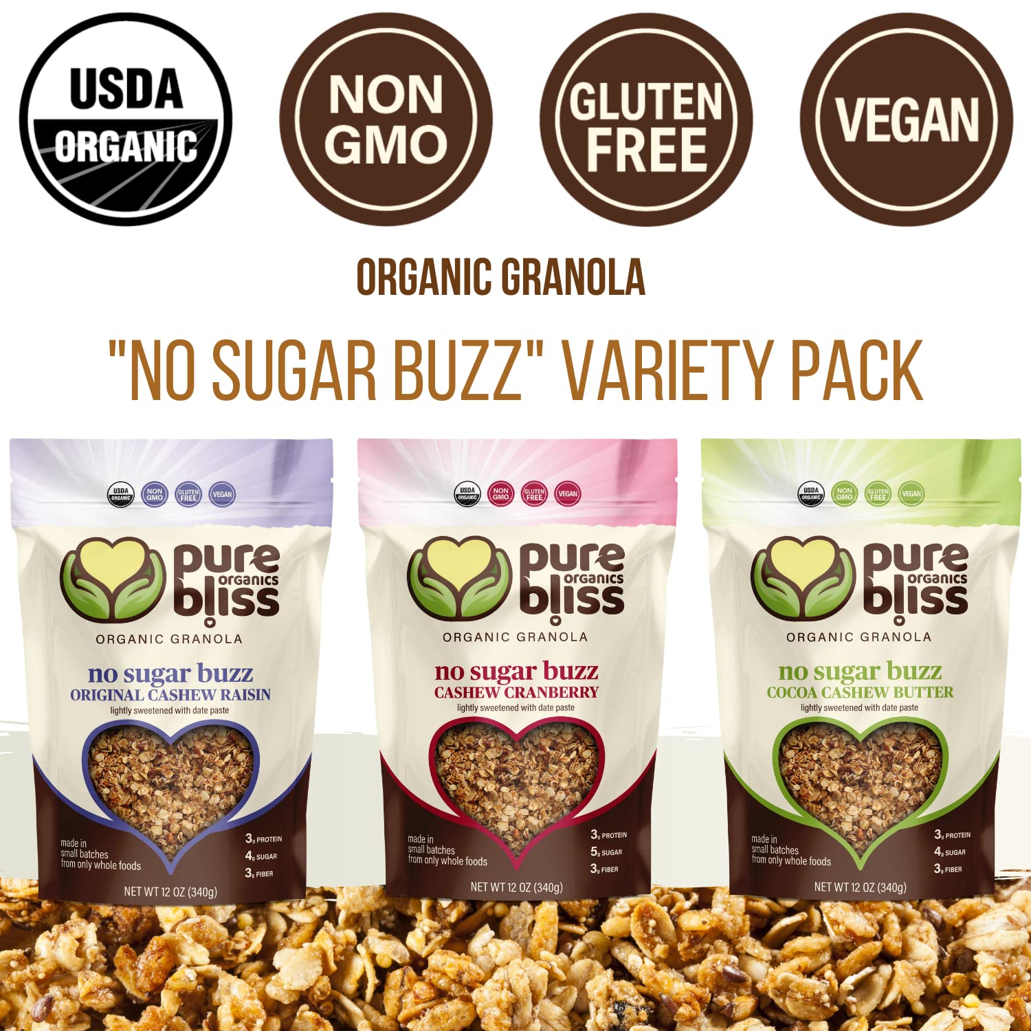 Pure Bliss Organics NO SUGAR BUZZ GRANOLA VARIETY PACK, 3-12oz bags, one each Cashew Raisin Granola, Cashew Cranberry , Cocoa Cashew Butter