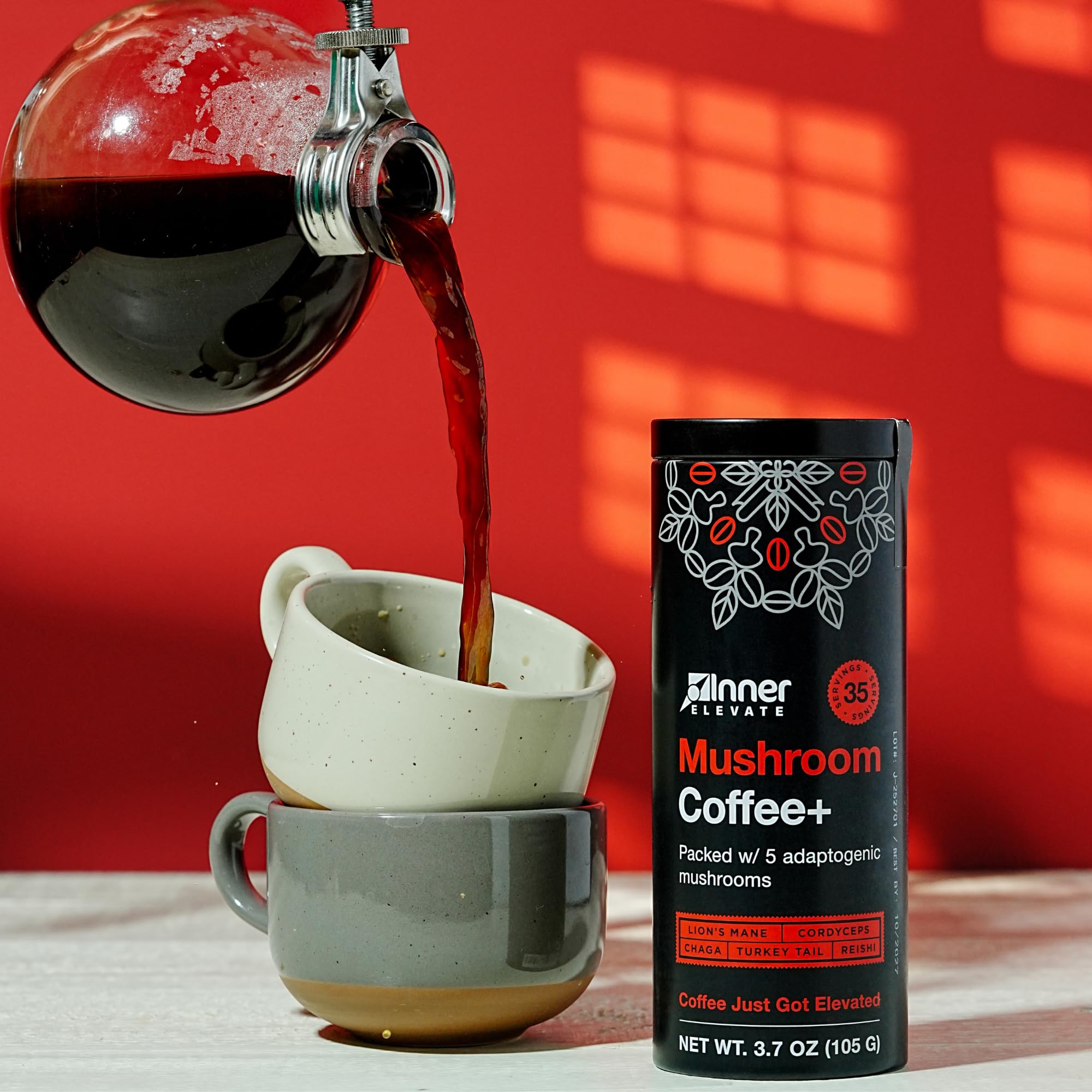 Inner Elevate Mushroom Coffee Superfood with 5 Adaptogenic Mushrooms - Upgraded Coffee Alternative with Half Caffeine - Arabica with Lion's Mane
