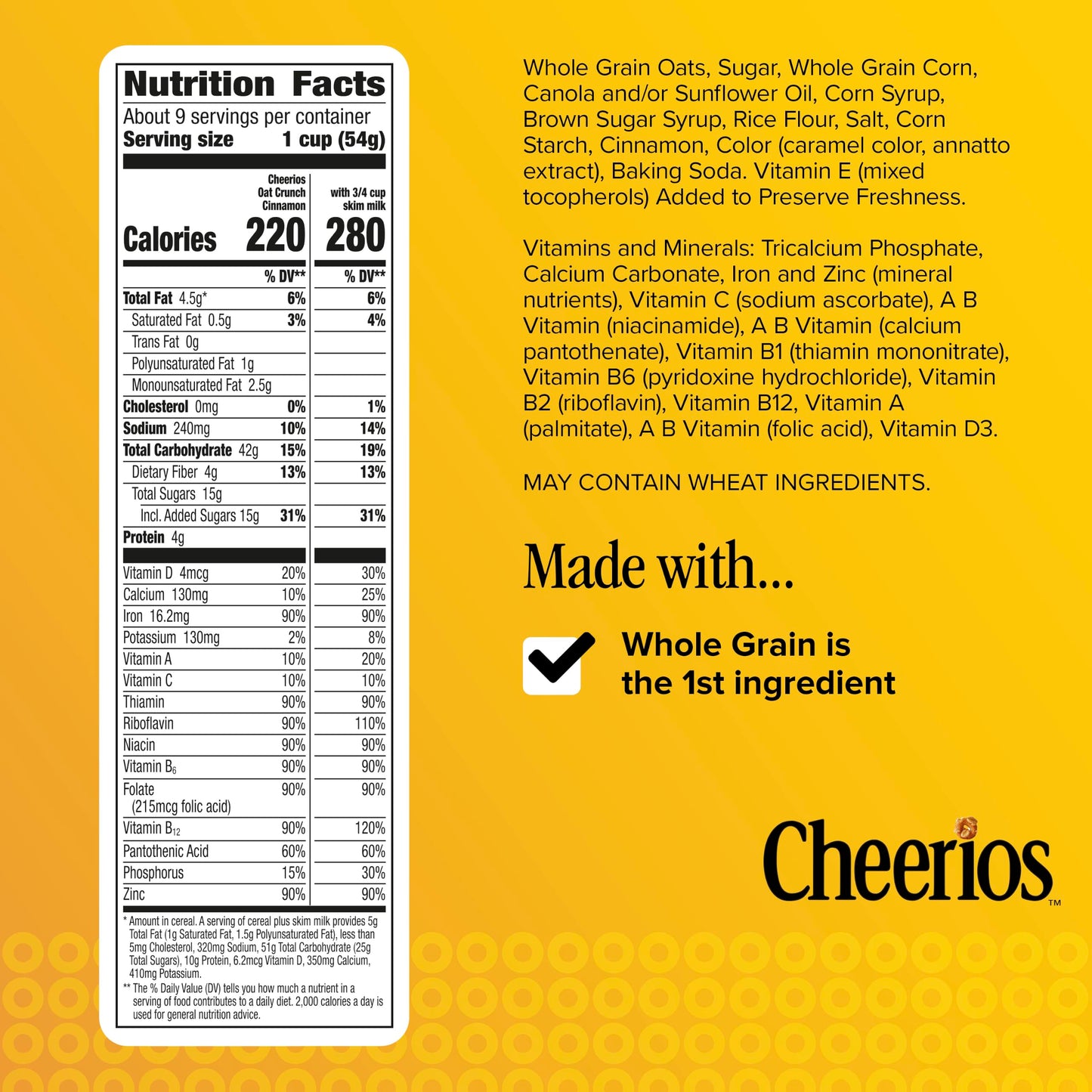 Cheerios Oat Crunch Cinnamon Breakfast Cereal, Made with Whole Grain, Large Size, 18.2 oz