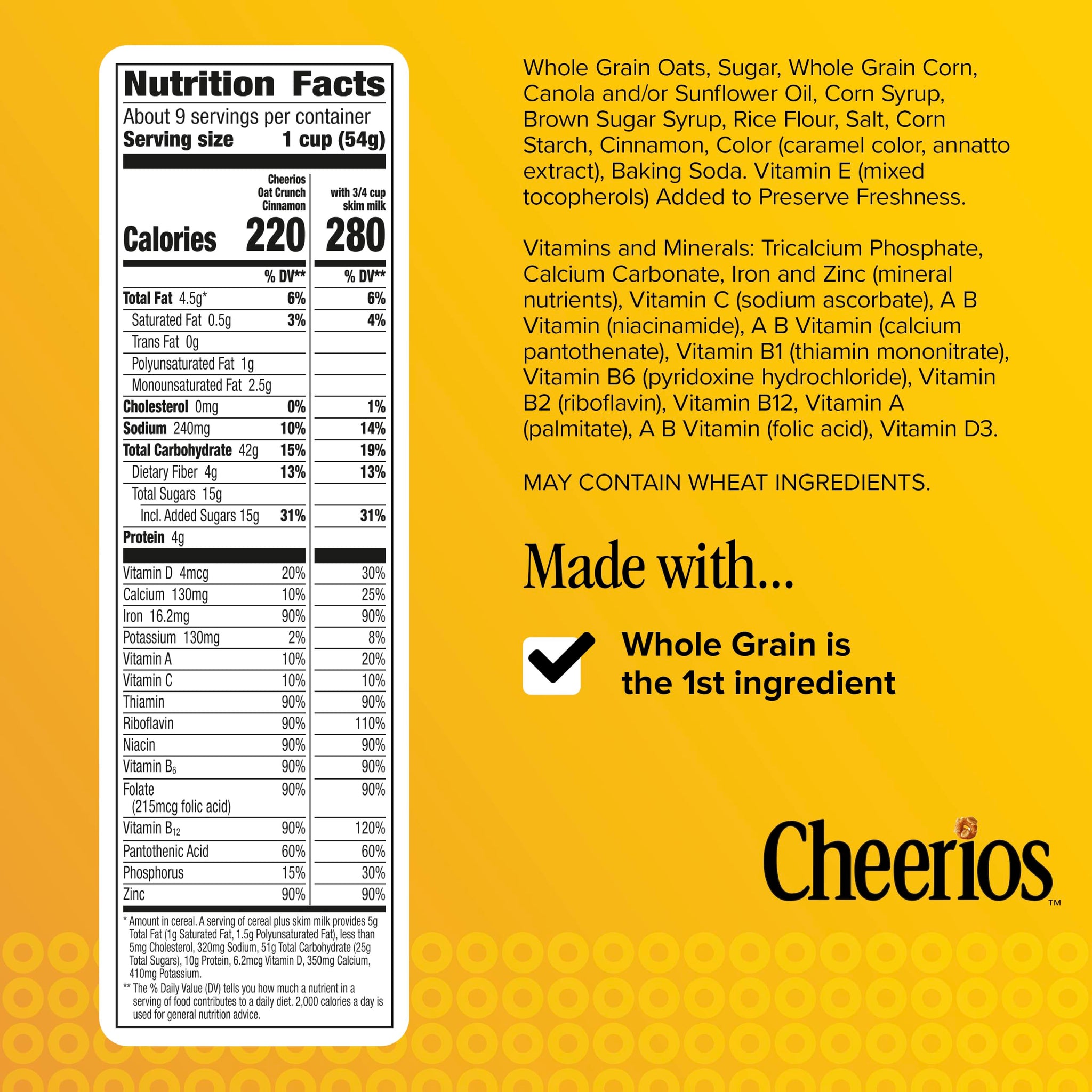 Cheerios Oat Crunch Cinnamon Breakfast Cereal, Made with Whole Grain, Large Size, 18.2 oz