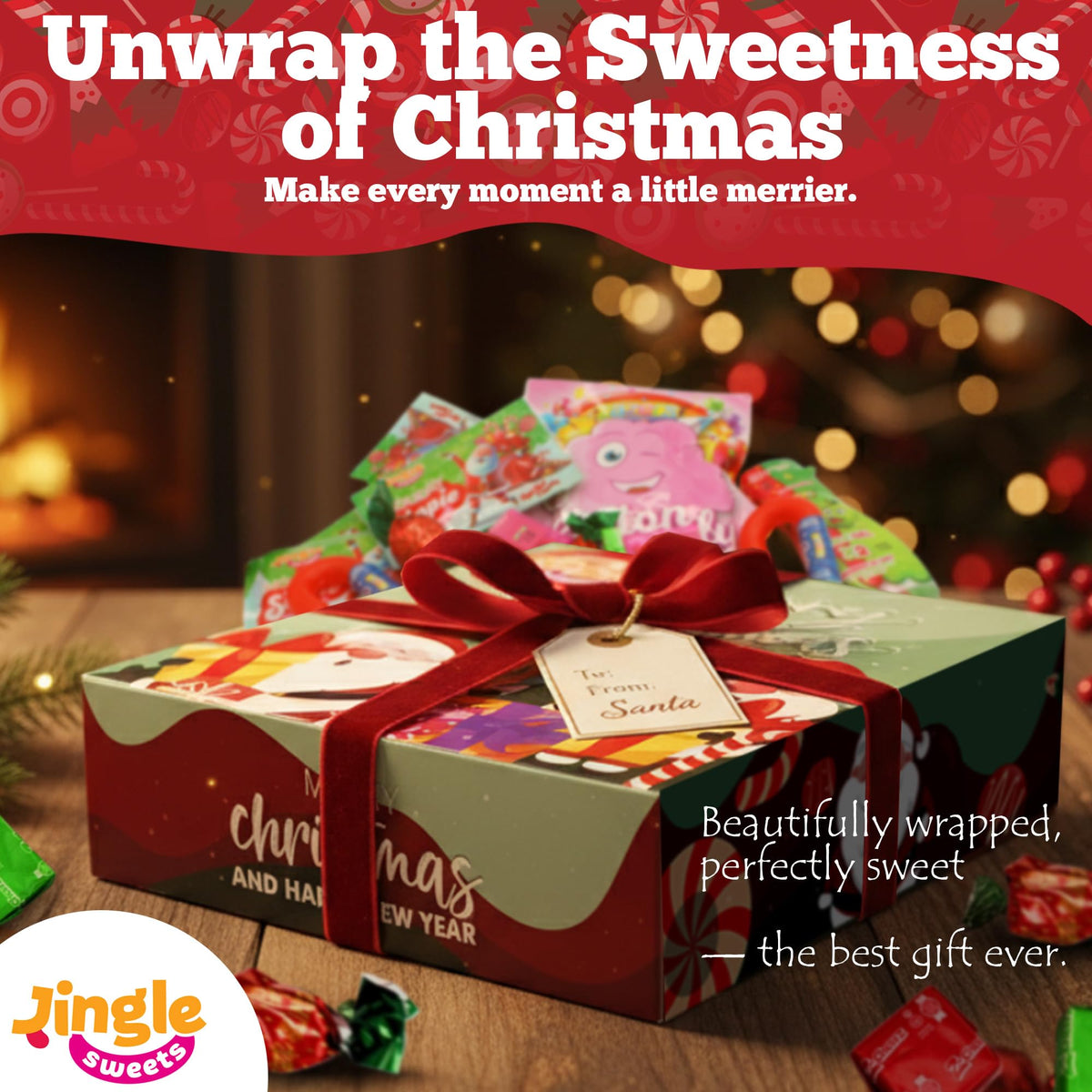 Bulk Candy Variety Pack - Christmas Gift Box - Over 2 Pounds of Festive Holiday Candy - Individually Wrapped Assorted Treats in a Beautiful Christmas