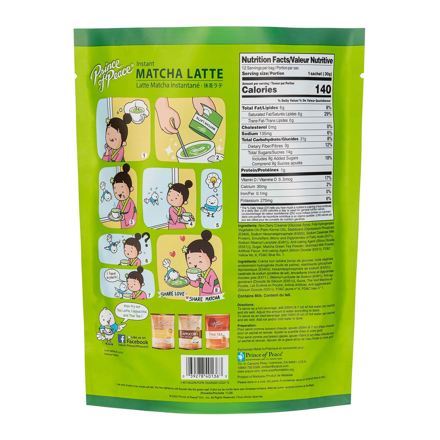 Prince of Peace 3 in 1 Matcha Latte Instant Beverage, 12 Sachets - Made with Matcha Powder from Japan - Instant Hot or Cold Beverage - Easy to Brew
