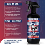 Odor Eliminator Spray for Tactical Gear Vest Carriers Boots and Uniforms Clean Linen Scent 16 fl oz Single Bottle Non Toxic Made in USA