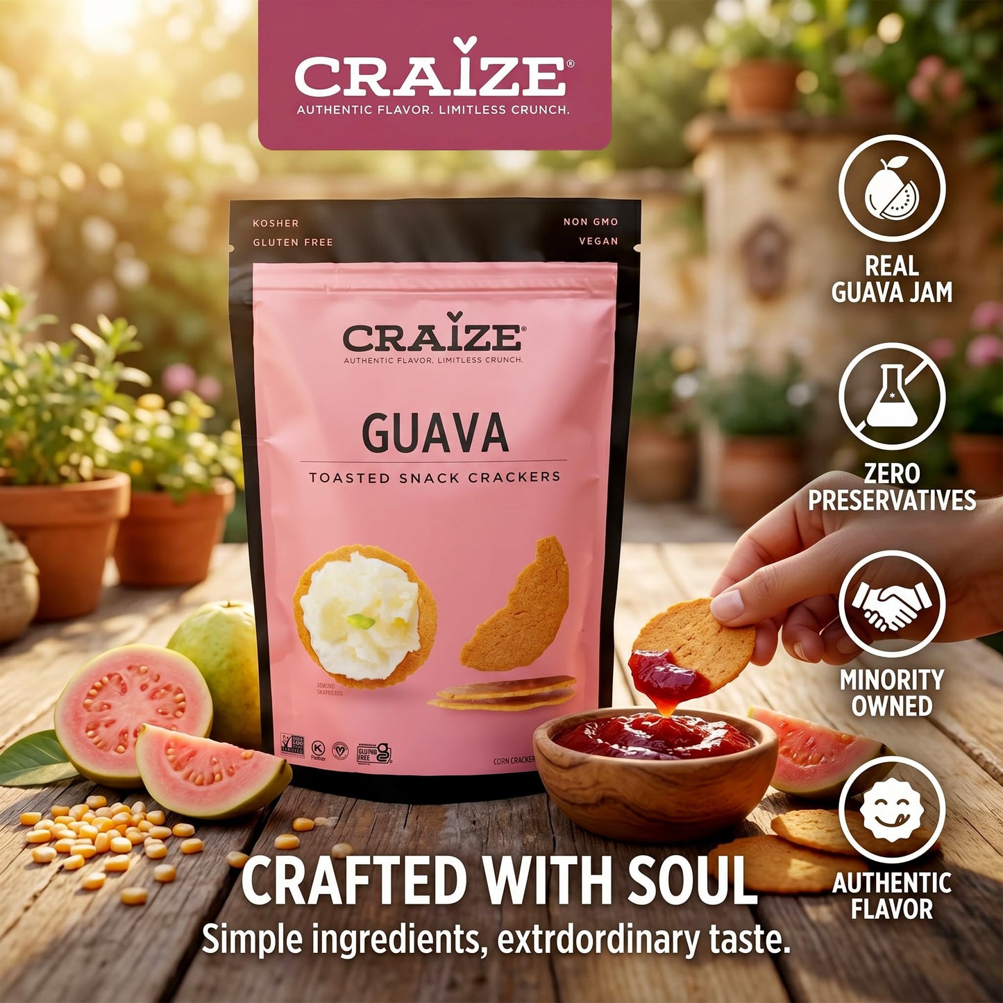 Craize Guava Crisps | Gluten Free, Vegan, Kosher, Toasted Corn Crackers | 4 oz each