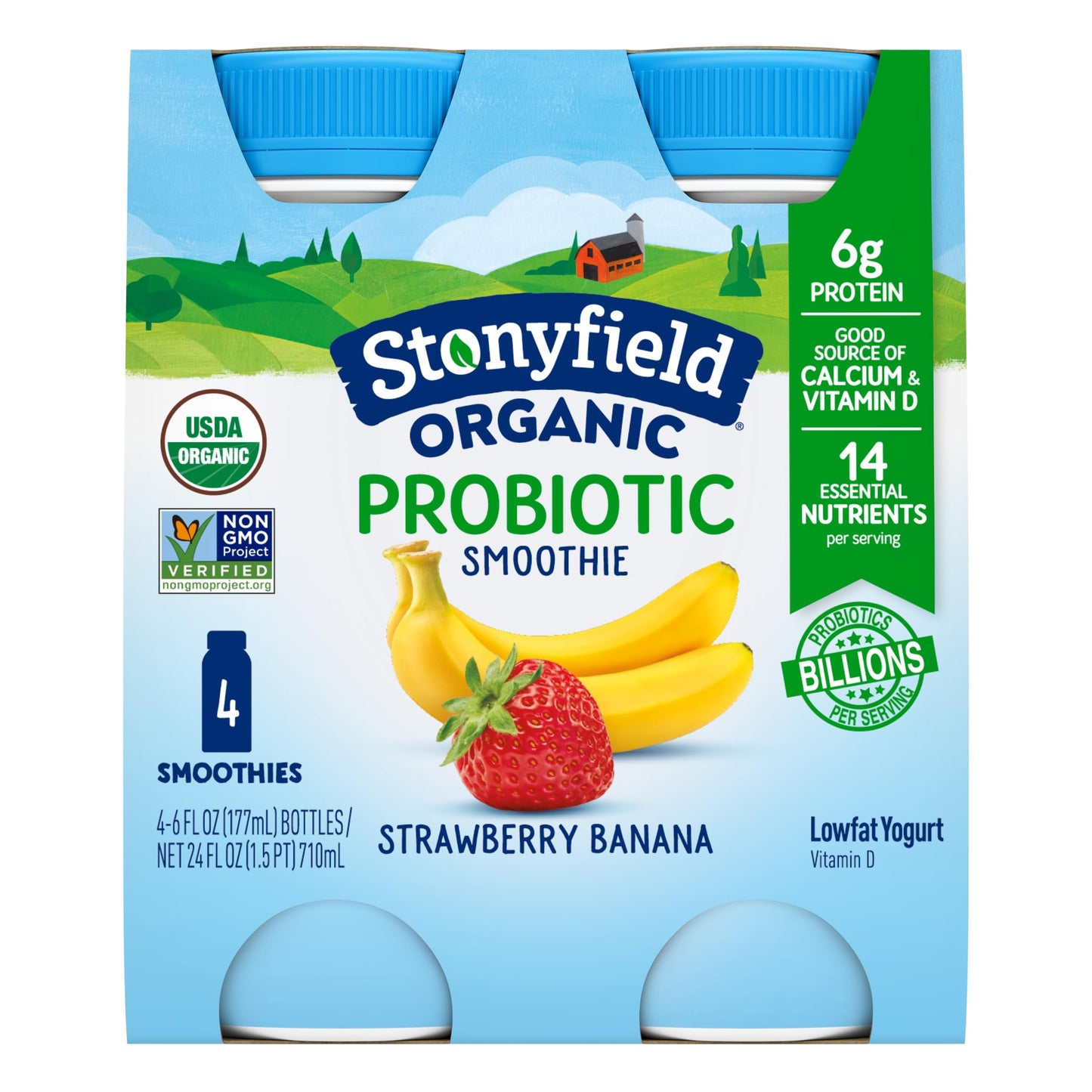 Stonyfield Farm Strawberry Banana Probiotic Smoothie, 6 Fl Oz, 4 Pack