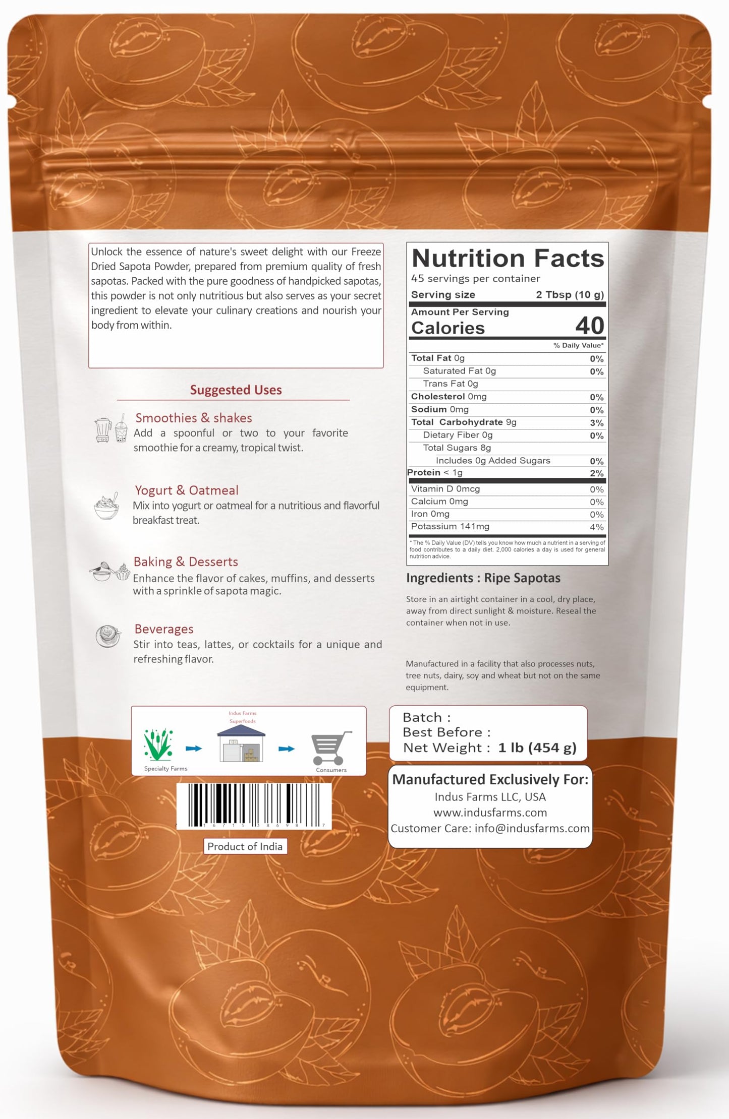 Indus Farms Sapota Freeze-Dried Fruit Powder, Unique Flavor For Smoothies, Baking, Desserts & Functional Beverages, Natural Sweetener, No Additives or