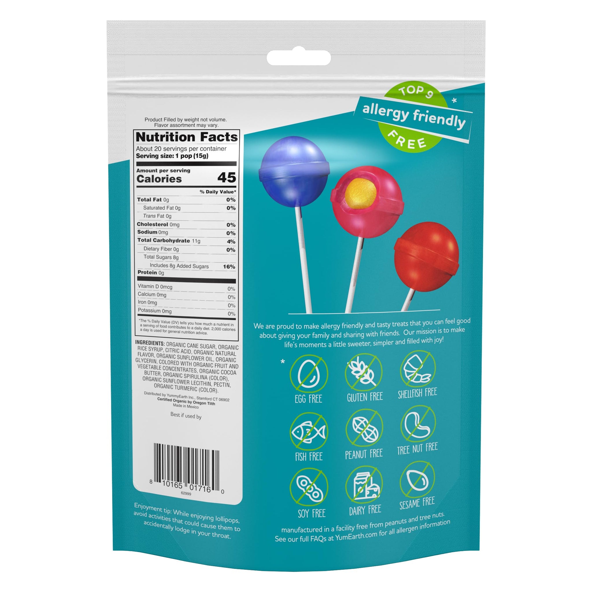 YumEarth Organic Duo Pops, Lollipops with Fruit Chew Centers - Allergy Friendly (Top 9 Free), No Artificial Dyes, Non GMO, Gluten Free, Vegan Candy