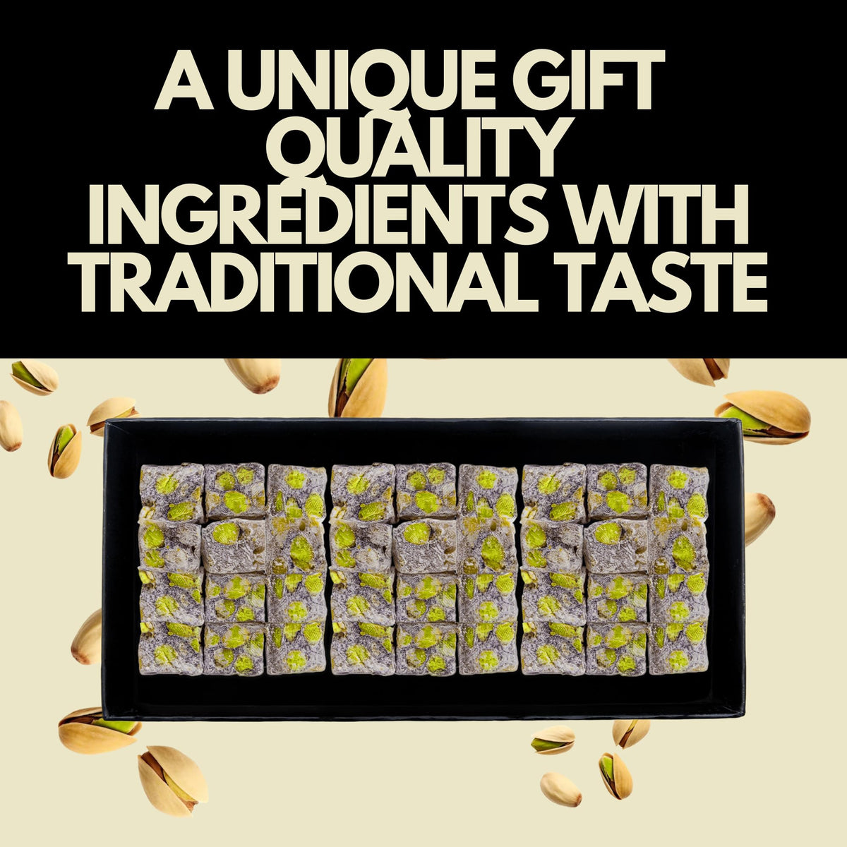 Turkish Delight Extra Duduble by BAKIRKAZAN, %40 PISTACHIO Turkish Delights Candy 8.8 oz Luxury Food Gifts, Turkish Candy Assorted Flavors gourmet