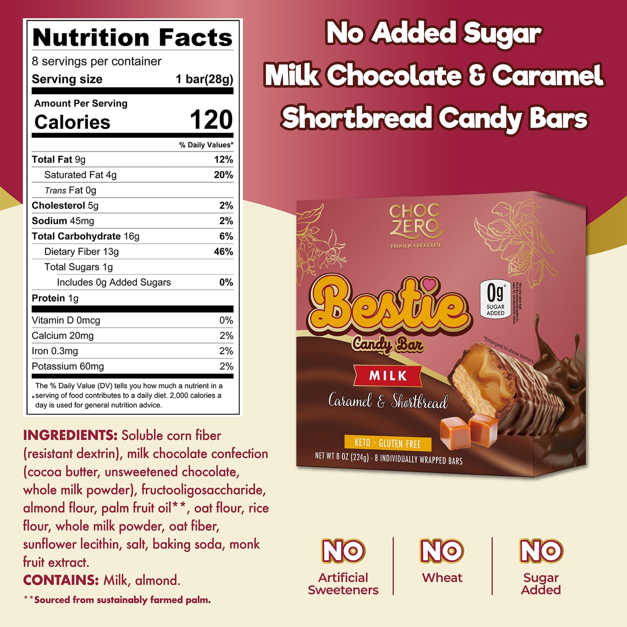 ChocZero Milk Chocolate Caramel & Shortbread Candy Bars - No Added Sugar, High Fiber, Gluten Free, Keto Friendly Bestie Bars (8 Count Box)