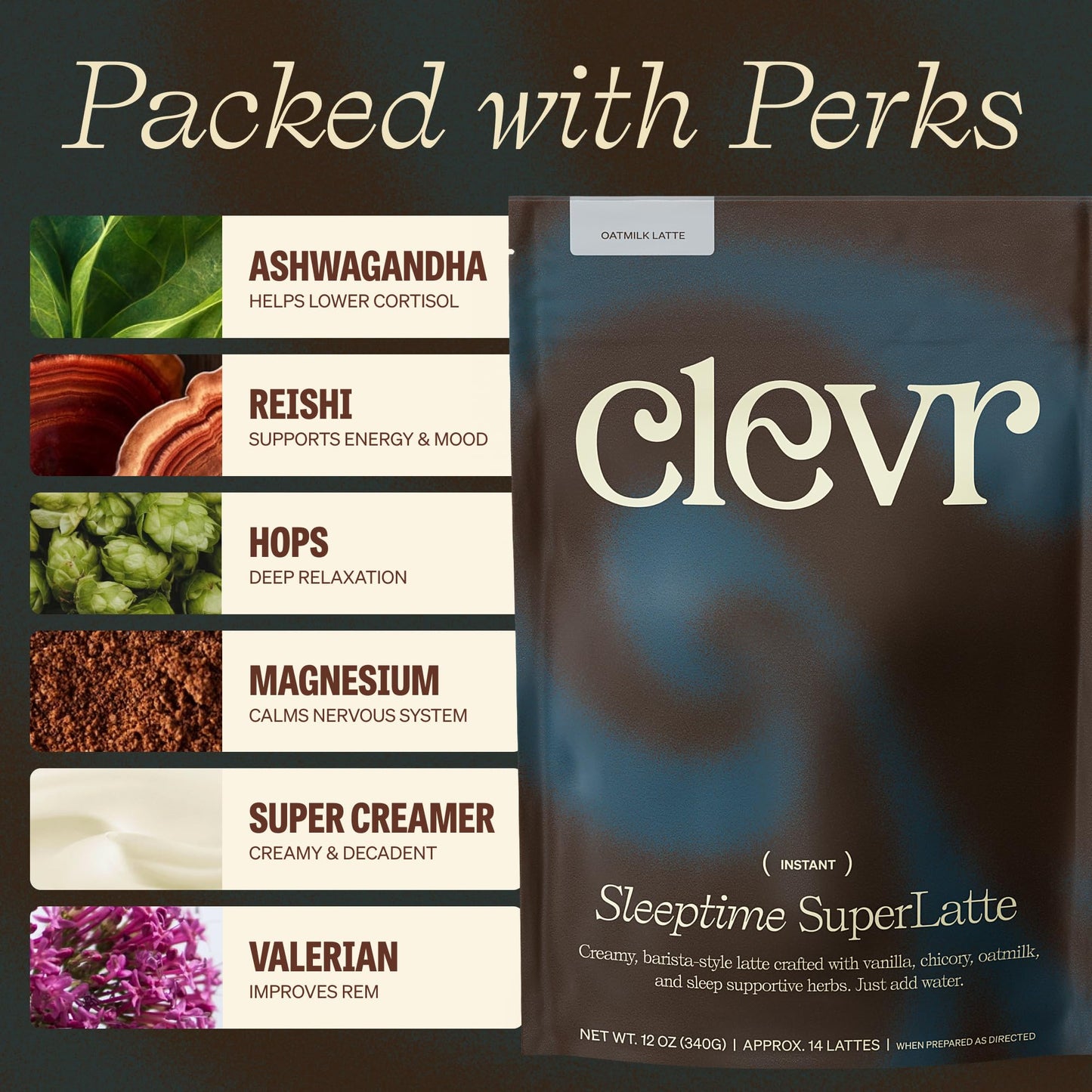 Clevr Sleeptime SuperLatte, Magnesium Sleep Drink with Ashwagandha, L-Theanine & Adaptogens, Caffeine-Free Instant Tea & Superfood Latte Powder, 14