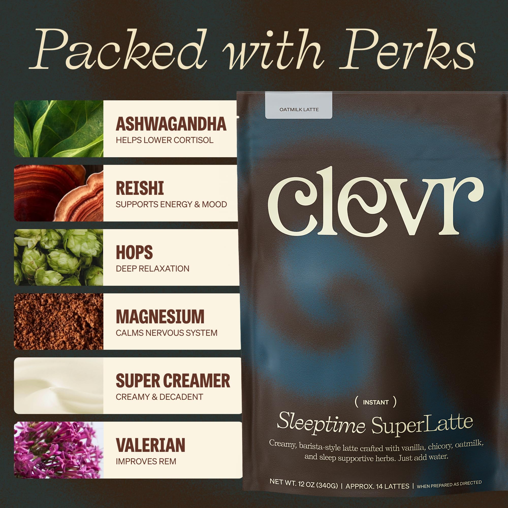 Clevr Sleeptime SuperLatte, Magnesium Sleep Drink with Ashwagandha, L-Theanine & Adaptogens, Caffeine-Free Instant Tea & Superfood Latte Powder, 14