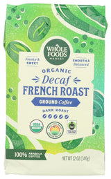 Whole Foods Market, Organic Decaf Ground Coffee, Dark French Roast, Smoky & Sweet, Smooth & Balanced, 12 Ounce
