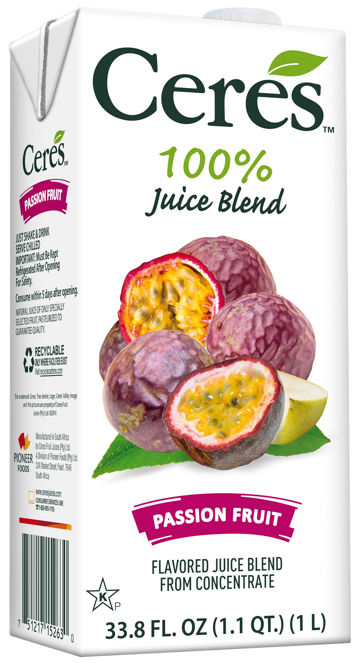 Ceres 100% All Natural Pure Fruit Juice Blend, Passion Fruit - Gluten Free, Rich in Vitamin C, No Added Sugar or Preservatives, Cholesterol Free