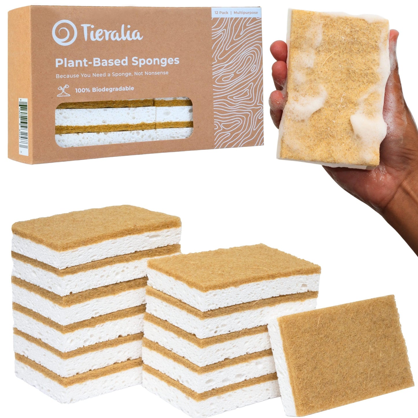 Tieralia Natural Dish Sponge Set - 12-Pack Eco-Friendly & Compostable Scrubbers | Cellulose & Sisal | Non-Toxic, Odor-Free, Reusable Kitchen Sponges