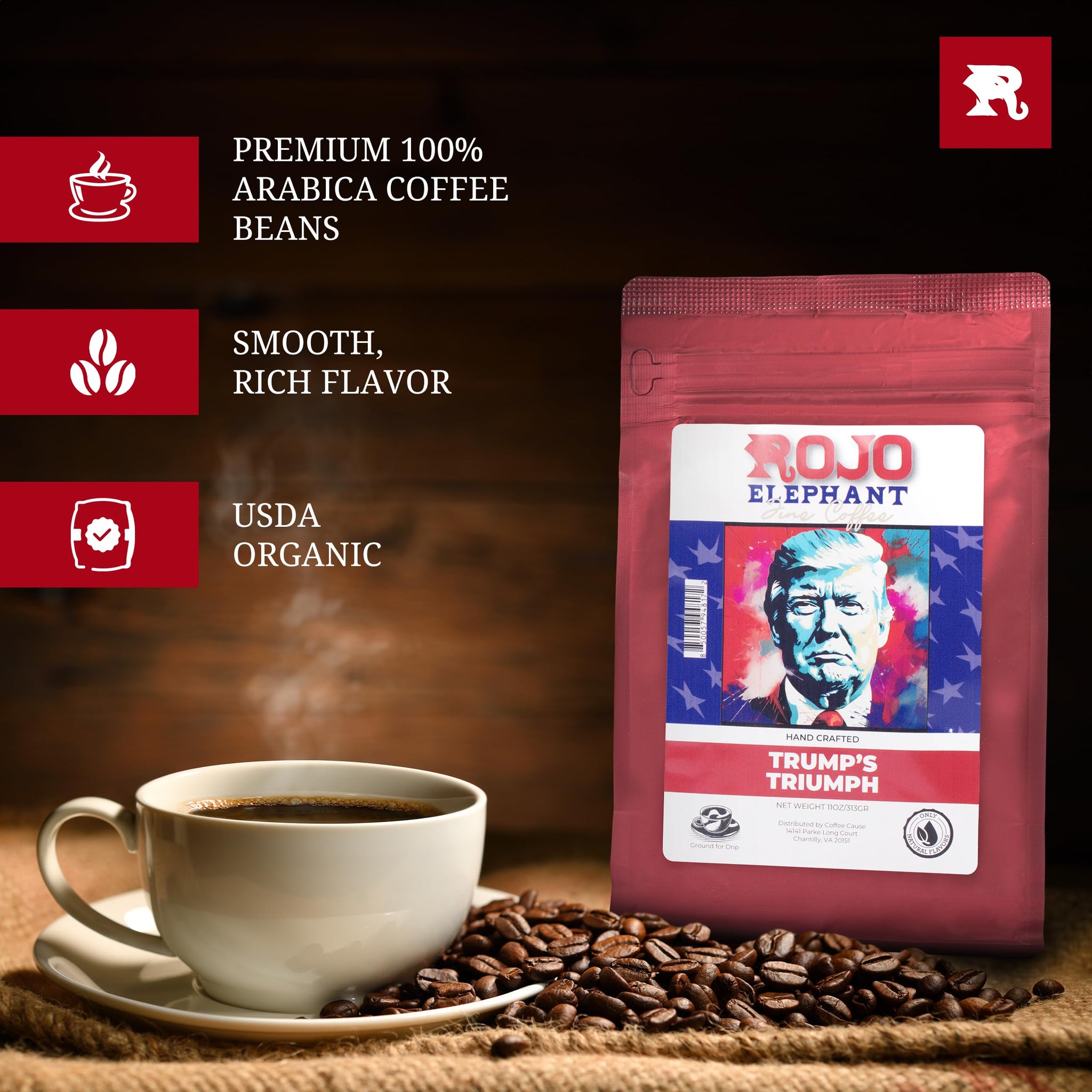 Rojo Elephant Trump's Triumph Handcrafted Ground Coffee, 100% Arabica Beans, Premium Medium-Dark Roast, Smooth, Rich Flavor, 11 oz Bag