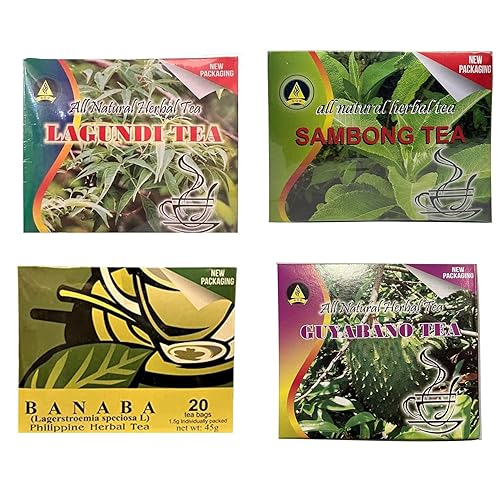 Pack of 4 Organic Philippine Teas - Lagundi Tea - Banaba Tea - Sambong Tea - Guyabano Tea - Total 4 Boxes - 20 Tea Bags in Each Box - Total 80 Tea
