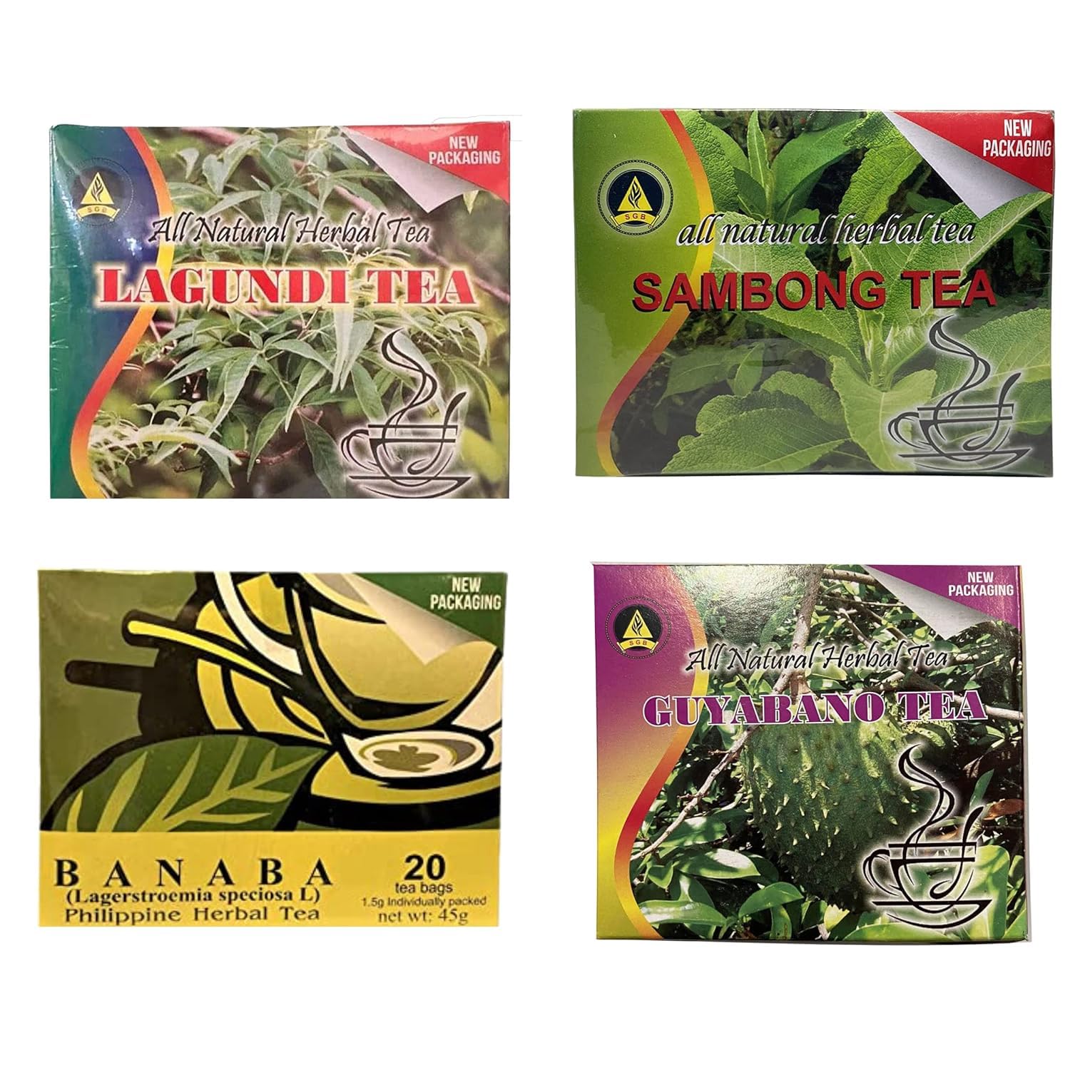Pack of 4 Organic Philippine Teas - Lagundi Tea - Banaba Tea - Sambong Tea - Guyabano Tea - Total 4 Boxes - 20 Tea Bags in Each Box - Total 80 Tea
