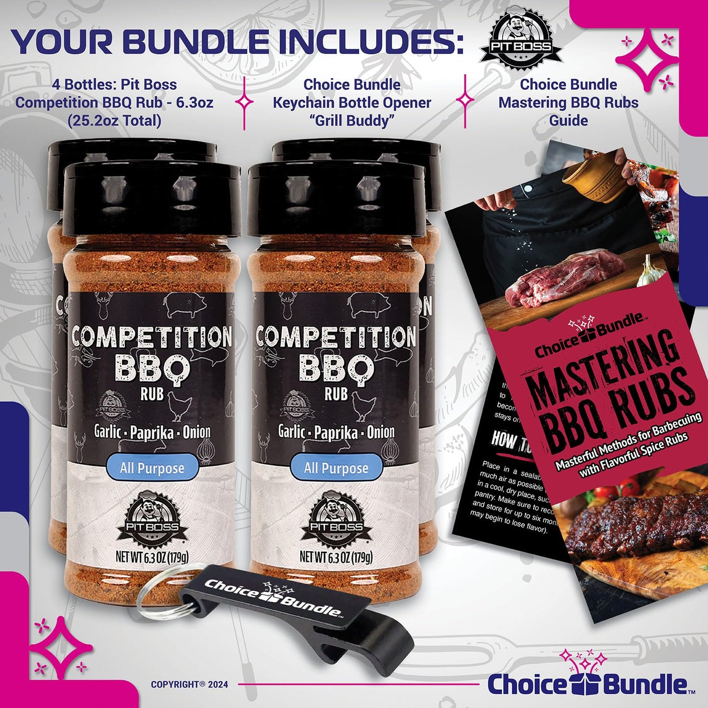 Pit Boss Competition BBQ All Purpose AP Premium Barbecue Mixed Seasoning Spice & Rub 4 pk Choice Bundle (25.2 oz) + Guide & Keychain Bottle Opener (6