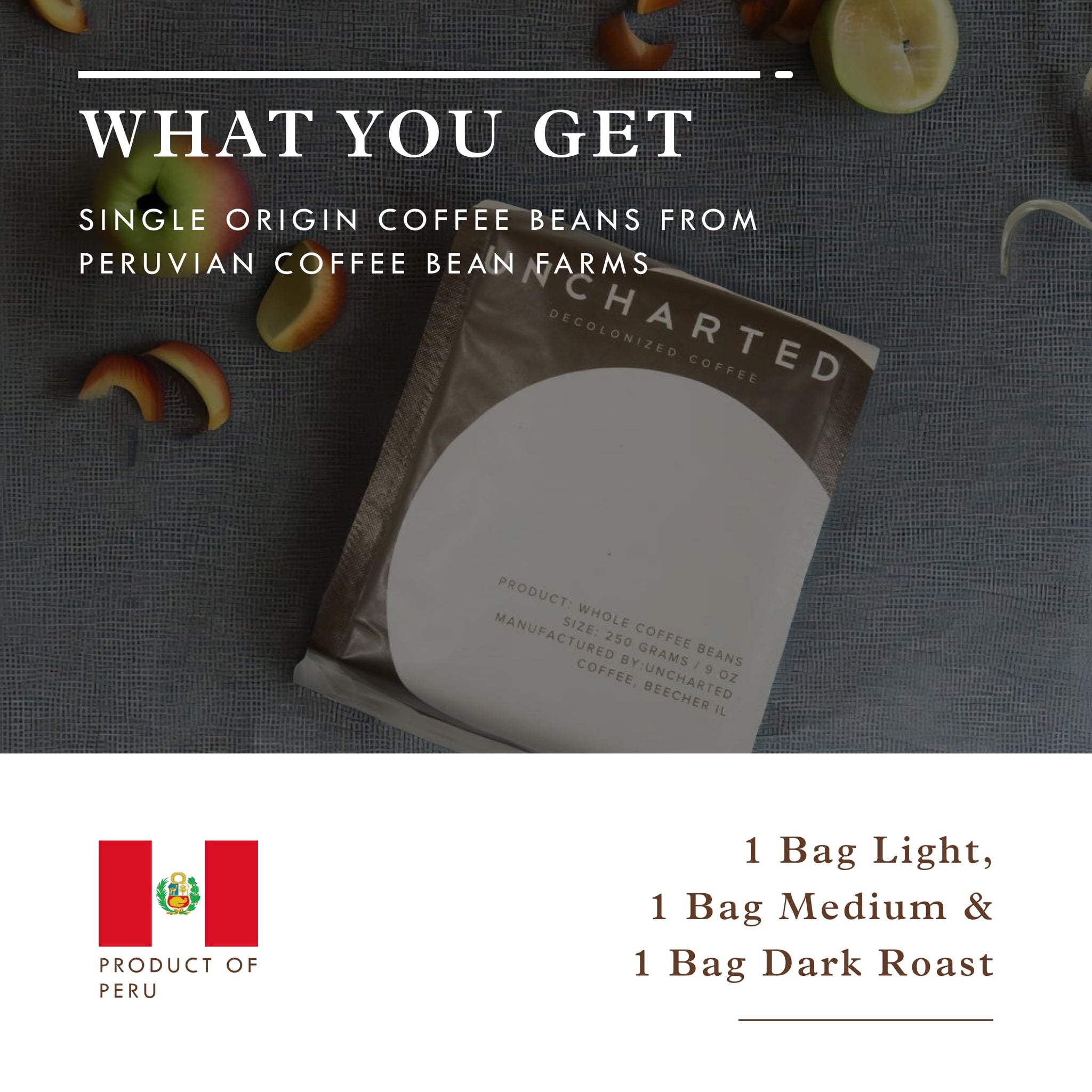 Single-Origin Organic Coffee Beans Gift Box, Light, Medium or Dark Roast Organic Whole Bean Coffee, 3 Pack Explorer, 9 oz each, 1740 Peru by Uncharted