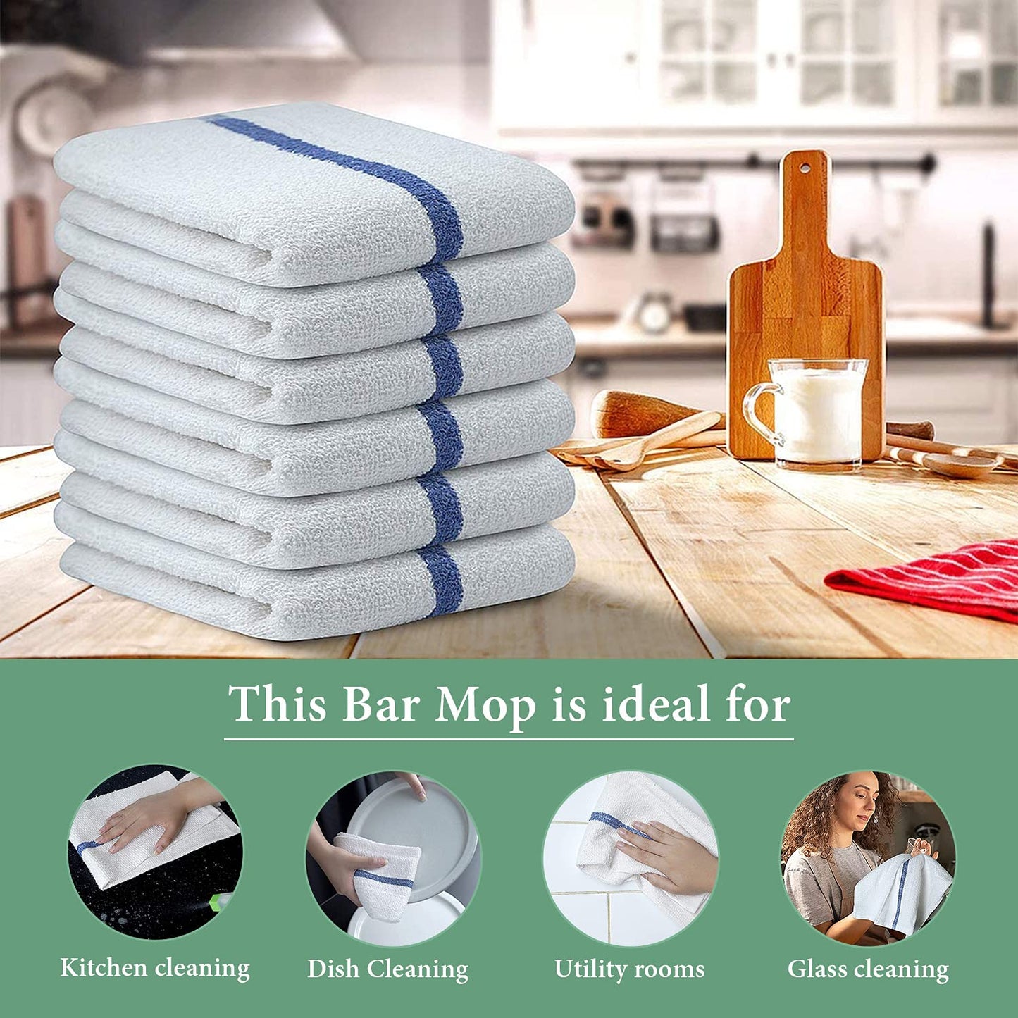 TOALLA Bar Mop Blue Stripe 10lbs 16x19 Pack of 60 100% Cotton Double Stitched Route Ready Absorbent Kitchen Towel Dish Towels and Dishcloths Towels