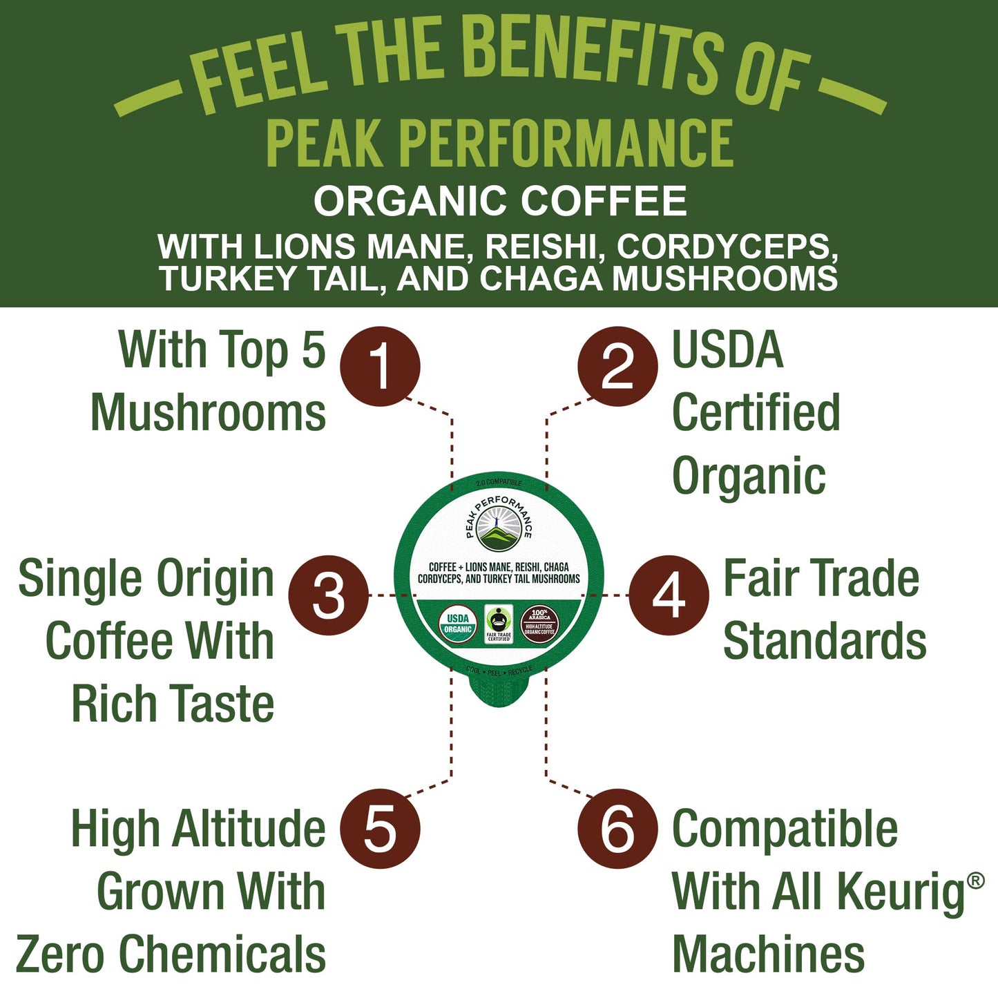Organic Mushroom Coffee Pods with Lion's Mane, Reishi, Cordyceps, Turkey Tail, and Chaga Mushrooms. High Altitude, Low Acid, Smooth Tasting, Fair