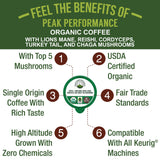 Organic Mushroom Coffee Pods with Lion's Mane, Reishi, Cordyceps, Turkey Tail, and Chaga Mushrooms. High Altitude, Low Acid, Smooth Tasting, Fair