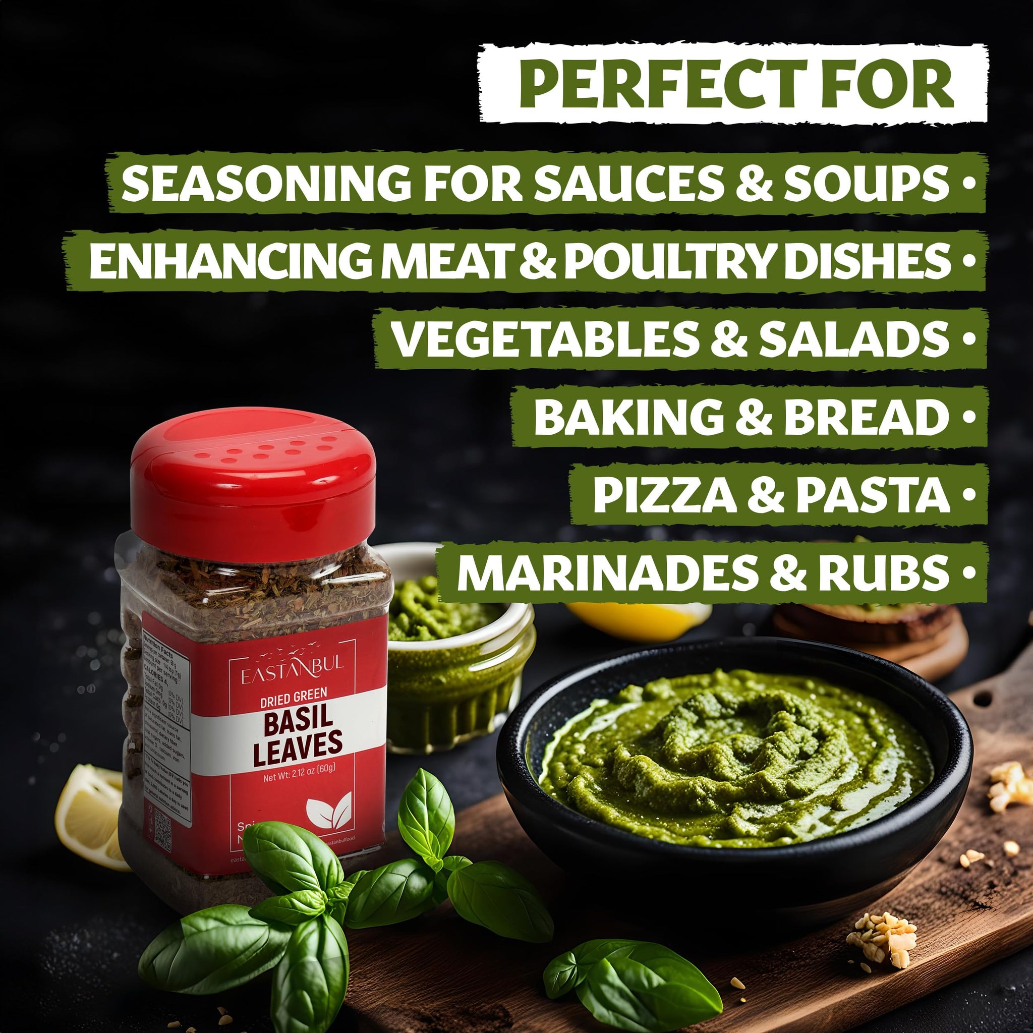 Eastanbul Dried Basil, 2.12oz, Dried Basil Leaves, Seasoning for Cooking and Food Seasoning, Perfect for Pesto, Pasta, Pizza, Mediterranean Sweet