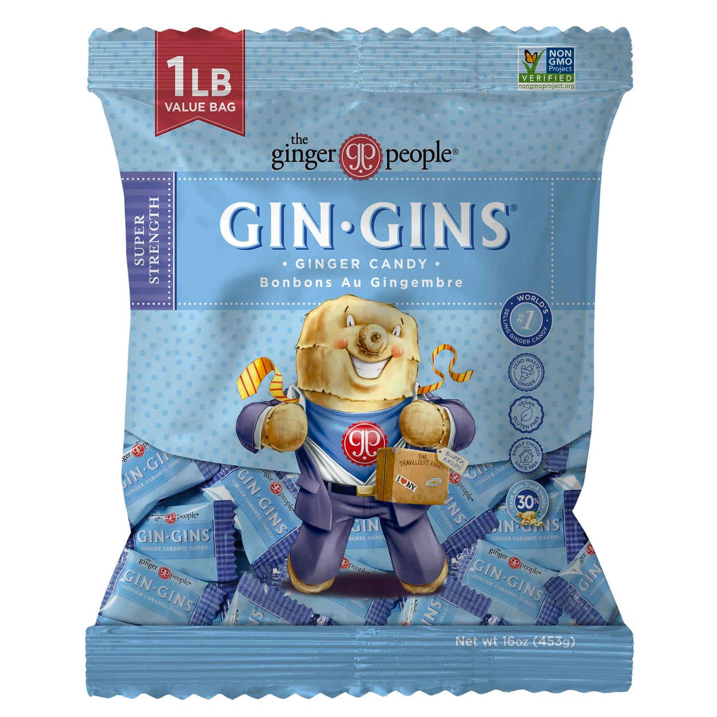 GIN GINS Super Strength - Natural Ginger Candy by The Ginger People - Individually Wrapped Healthy Candy - Super Strength Flavor - Large 1 lb Bag