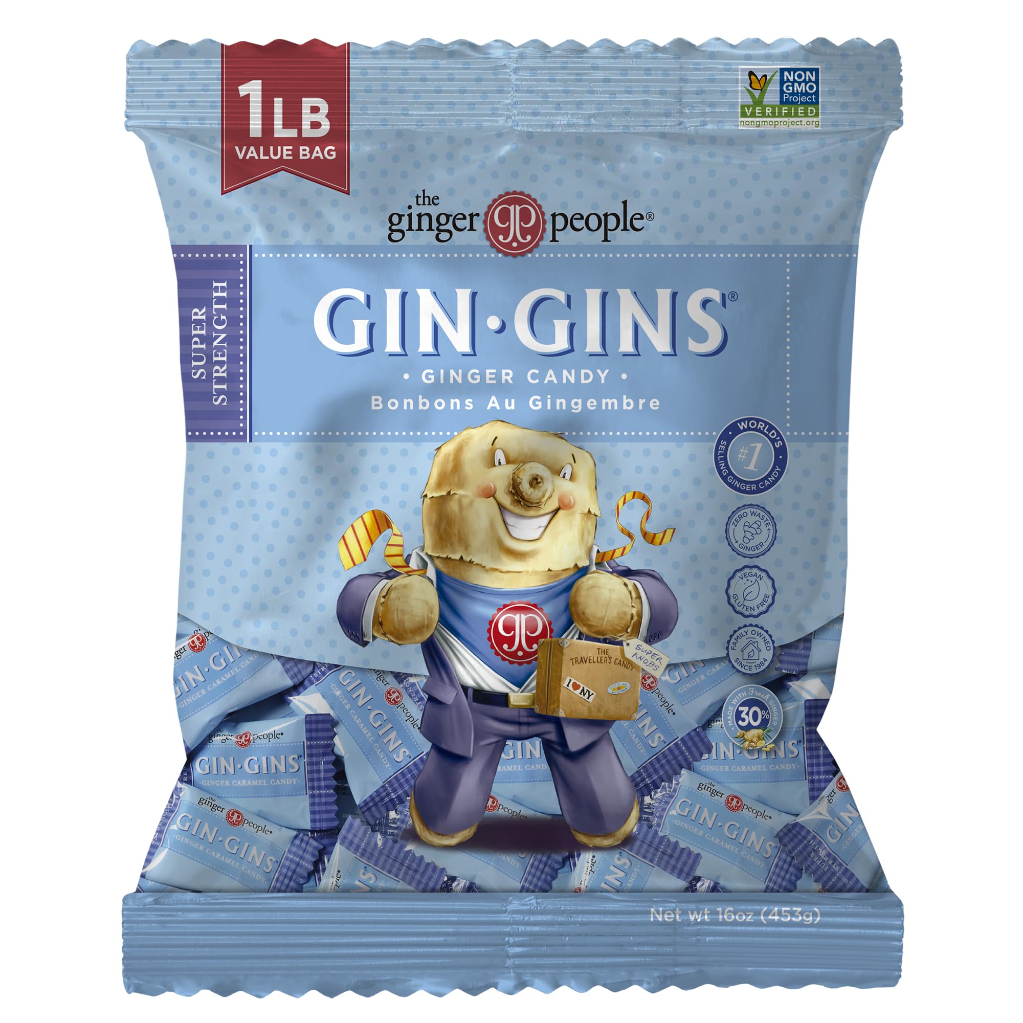 GIN GINS Super Strength - Natural Ginger Candy by The Ginger People - Individually Wrapped Healthy Candy - Super Strength Flavor - Large 1 lb Bag