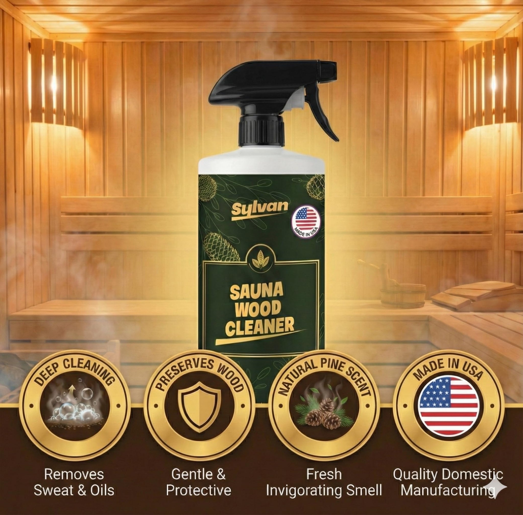Sylvan Hills Sauna Wood Cleaner 32 oz | Made in the USA | Sauna Spray removes Stains, Sweat & Odors | Fast-Drying & Streak-Free Formula | Natural Wood