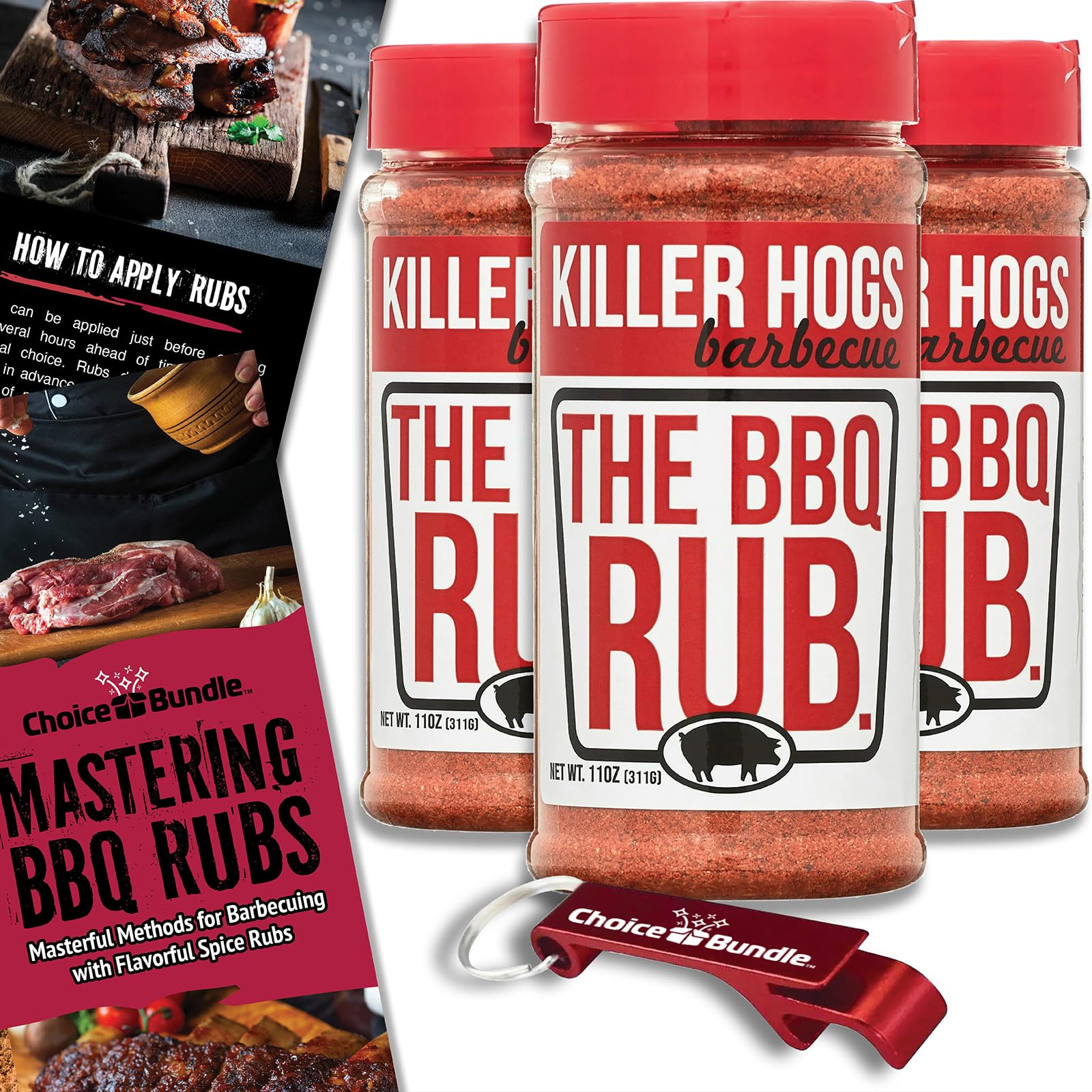 Killer Hogs The BBQ Rub Premium Barbecue Spice & Seasoning 3 pk (33 oz) + BBQ Guide & Bottle Opener (5 Items)!