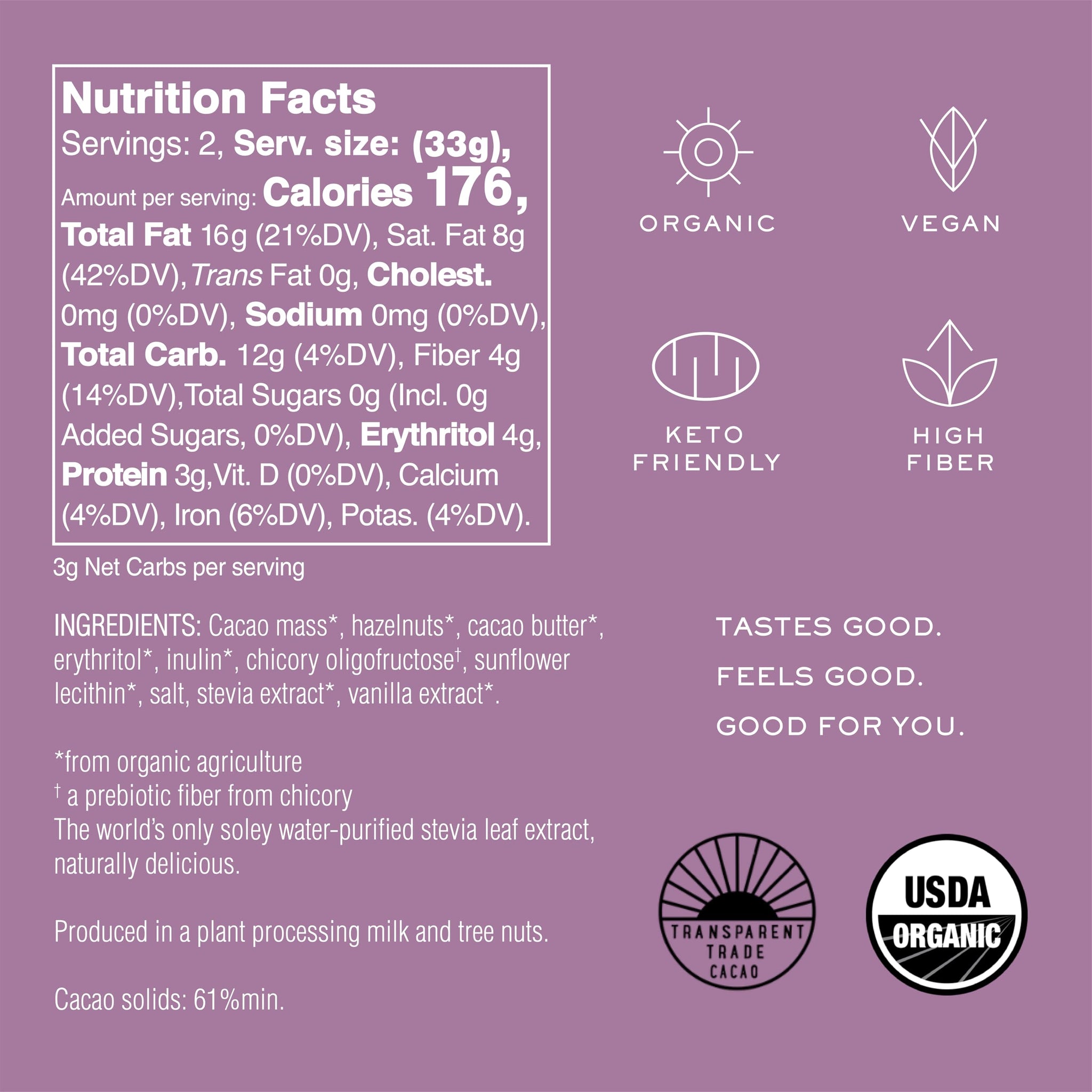 NOMOSU | Organic 72% Dark Chocolate with Hazelnut | 65g | 10 Pack | Sugar Free | USDA Organic | Vegan | Keto & Low Carb Friendly | Bold Cacao