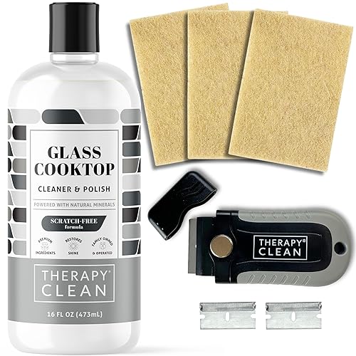 Therapy Glass Cooktop Cleaner Kit - 16oz with Scraper & 3 Non-Scratch Pads - For Electric, Induction, Ceramic & Gas Stove Top - Heavy Duty Flat Top
