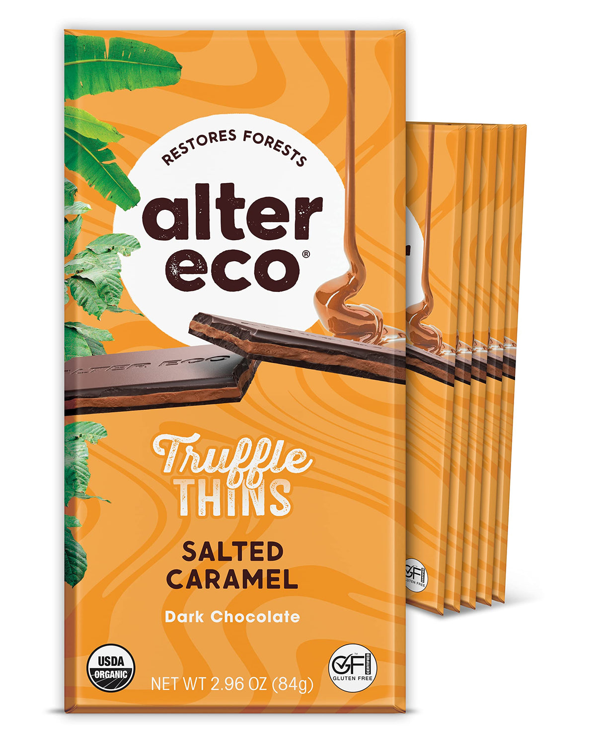 Alter Eco Salted Caramel Truffle Thins, Chocolate Bar with Gooey Caramel Ganache Truffle Filling, Organic, Gluten-Free, Non-GMO Snacks, No Additives